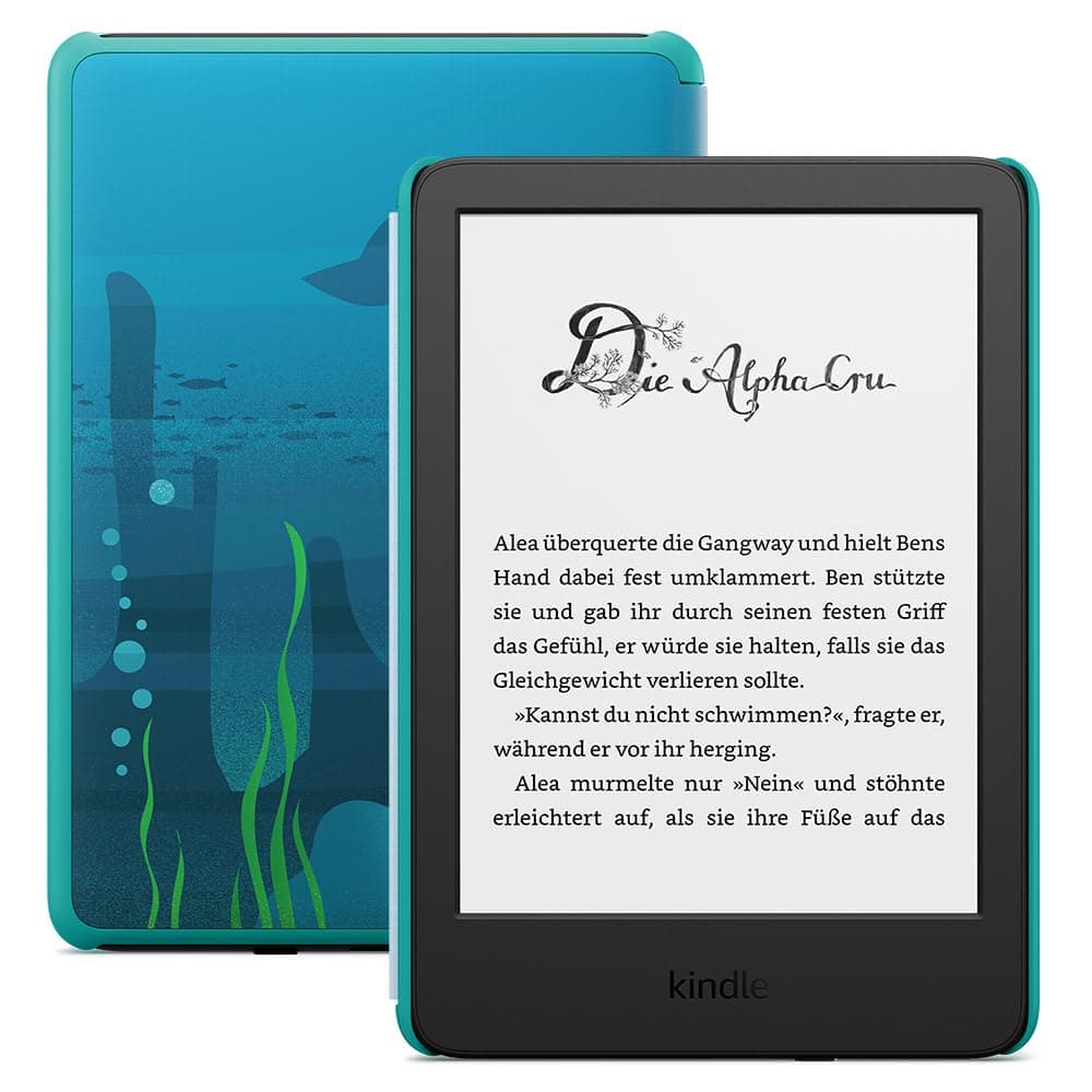 Amazon Kindle Kids (neueste Generation) – Falls das Gerät kaputtgeht, ersetzen wir es. Inklusive altersgerechter Bücher, Hülle, blendfreiem Bildschirm und schnellerem Umblättern–Ozeanentdecker-Design