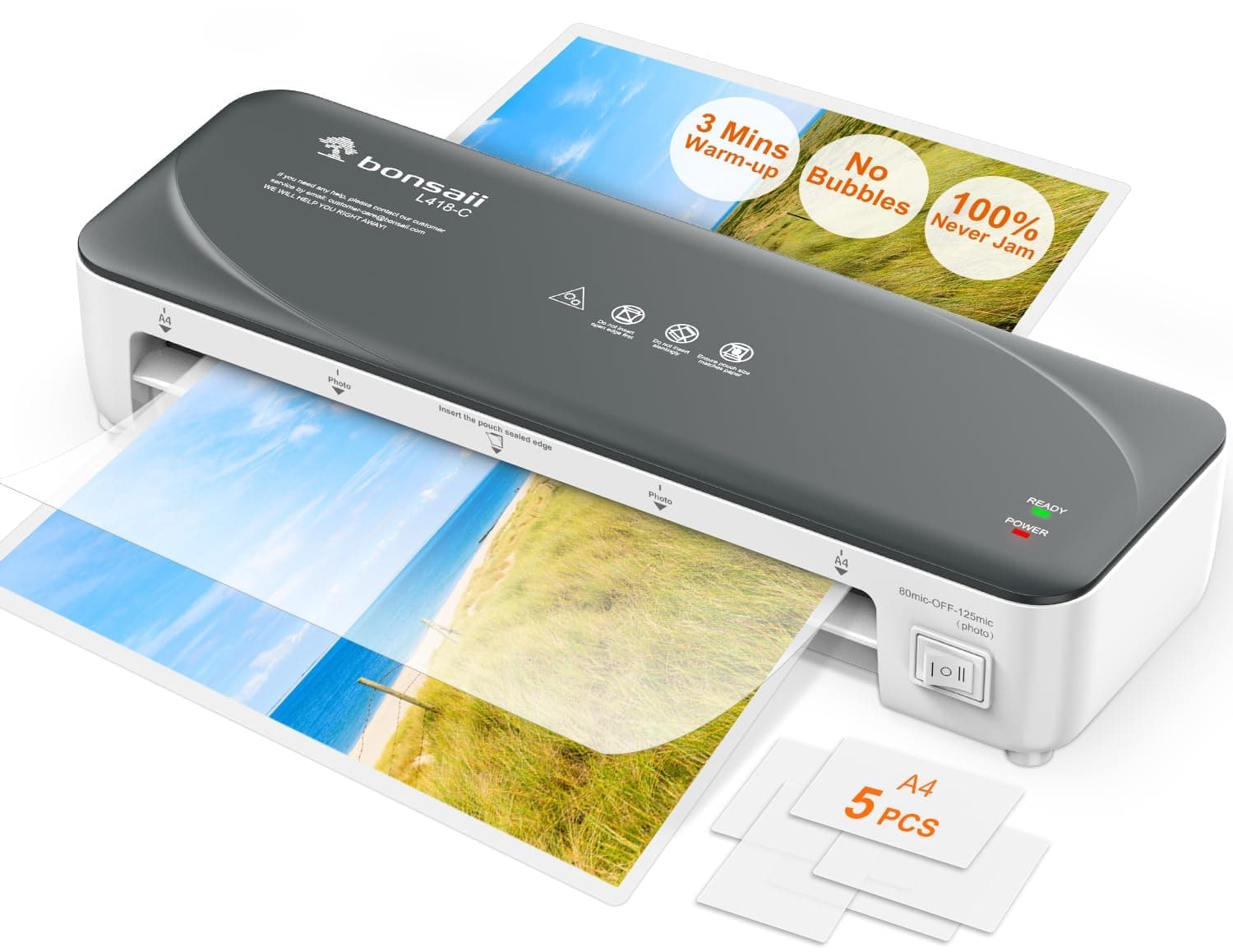 Bonsaii Laminadora A4 Blanca con Tecnología Anti-Atascos – Laminado rápido y uniforme de fotos y documentos, 80-125 micras, ideal para escuelas, oficinas y hogares (L418-C)