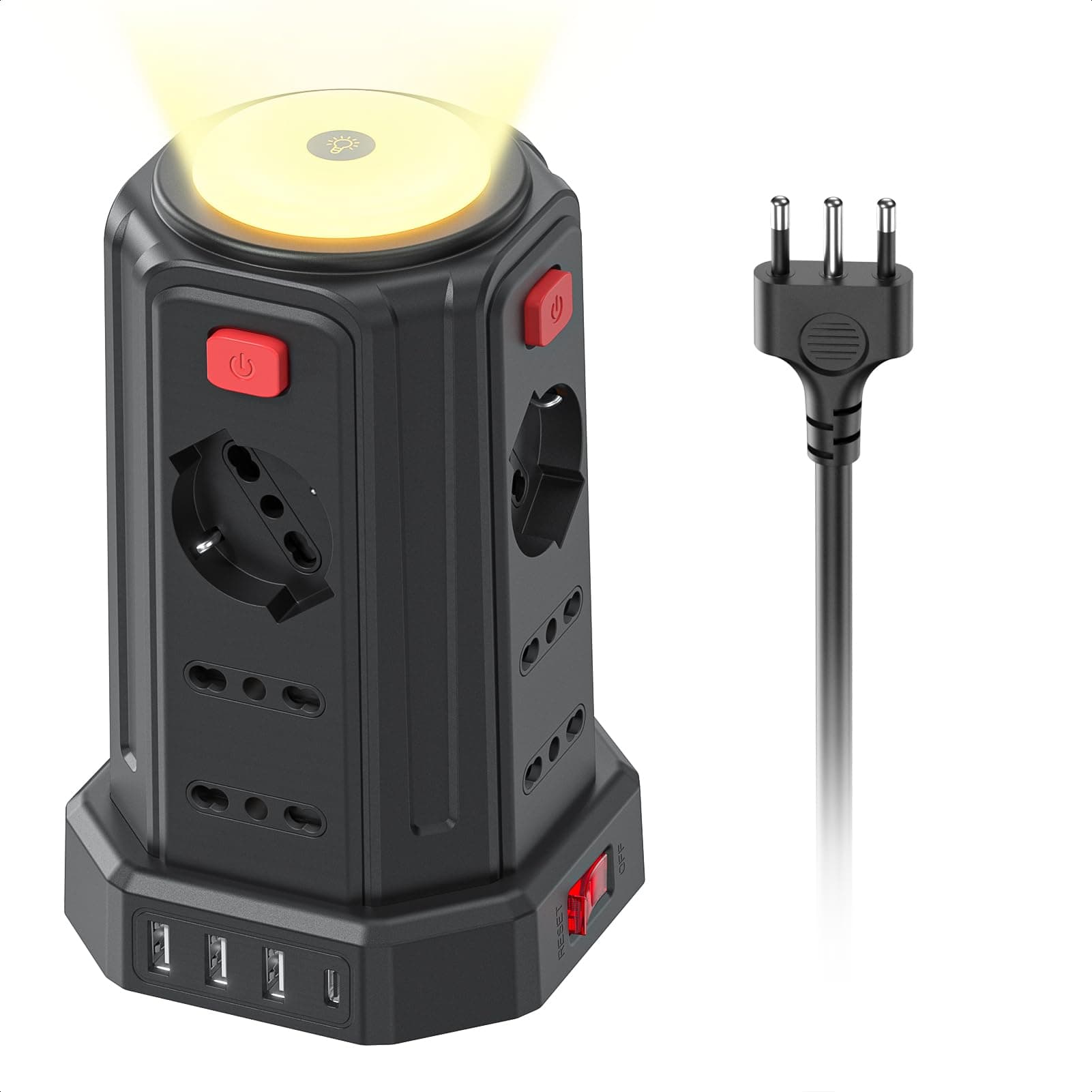 2 M Ciabatta Elettrica Multipresa con Luce Notturna 12 Prese Universali 10/16A ITA e Schuko e 3 USB A+1 USB C Protezione Sovratensione con 4 Interruttori Indipendenti per L'ufficio, La casa