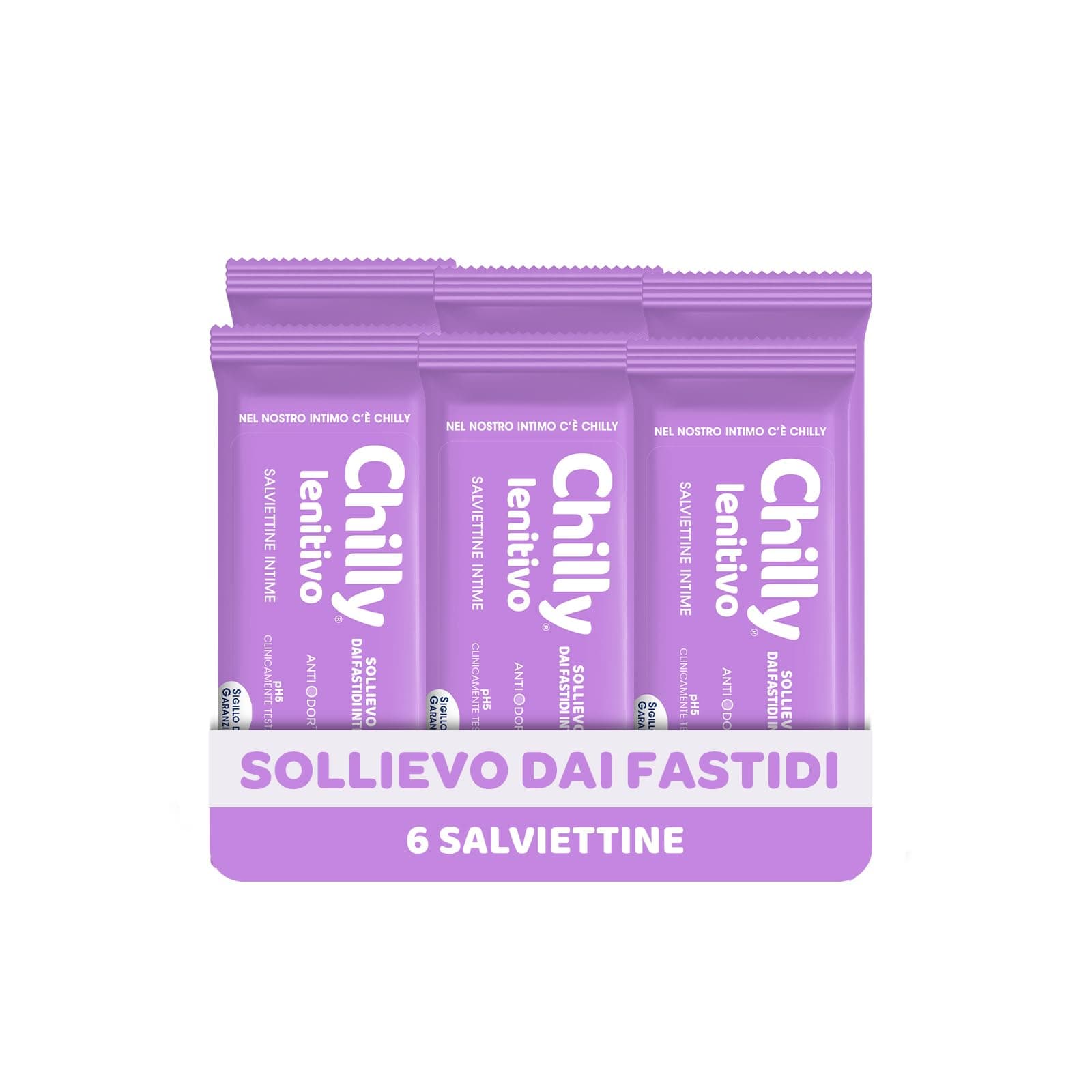 Chilly, Salviettine Intime Lenitivo, Sollievo dai fastidi intimi, con Bisabololo dalle proprietà dermocalmanti, pH 5, Clinicamente Testato, Tessuto 100% Biodegradabile, 6 Confezioni da 12 Salviettine