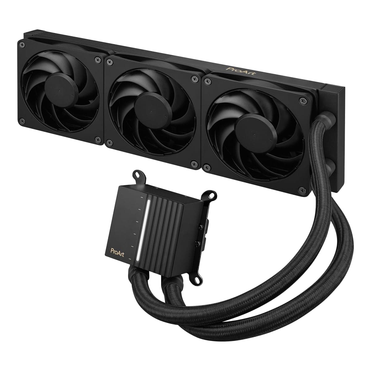 ASUS ProArt LC 360 - Sistema de Refrigeración Líquida AiO con Medidor de Estado del Sistema Iluminado y Tres Ventiladores Alphacool Apex Stealth Metal Power en Negro Mate