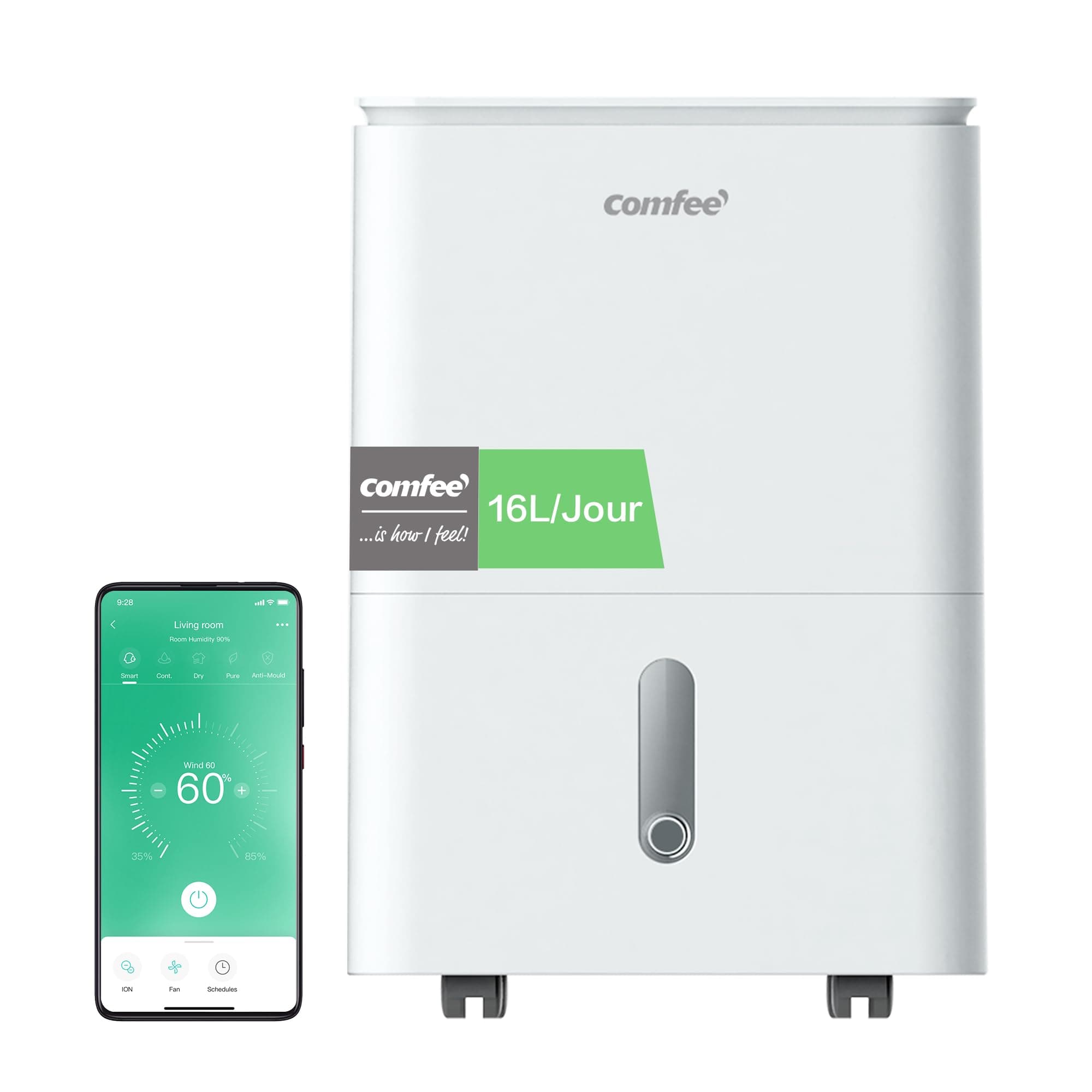 COMFEE' Déshumidificateur 2-EN-1,Elimine l'humidité jusqu'à 16L-Jour, Purification d'air avec ioniseur, 4 Modes, Fonction Air Swing, Contrôle APP, Idéal pour pièces de 29-44㎡, Easy Dry 16