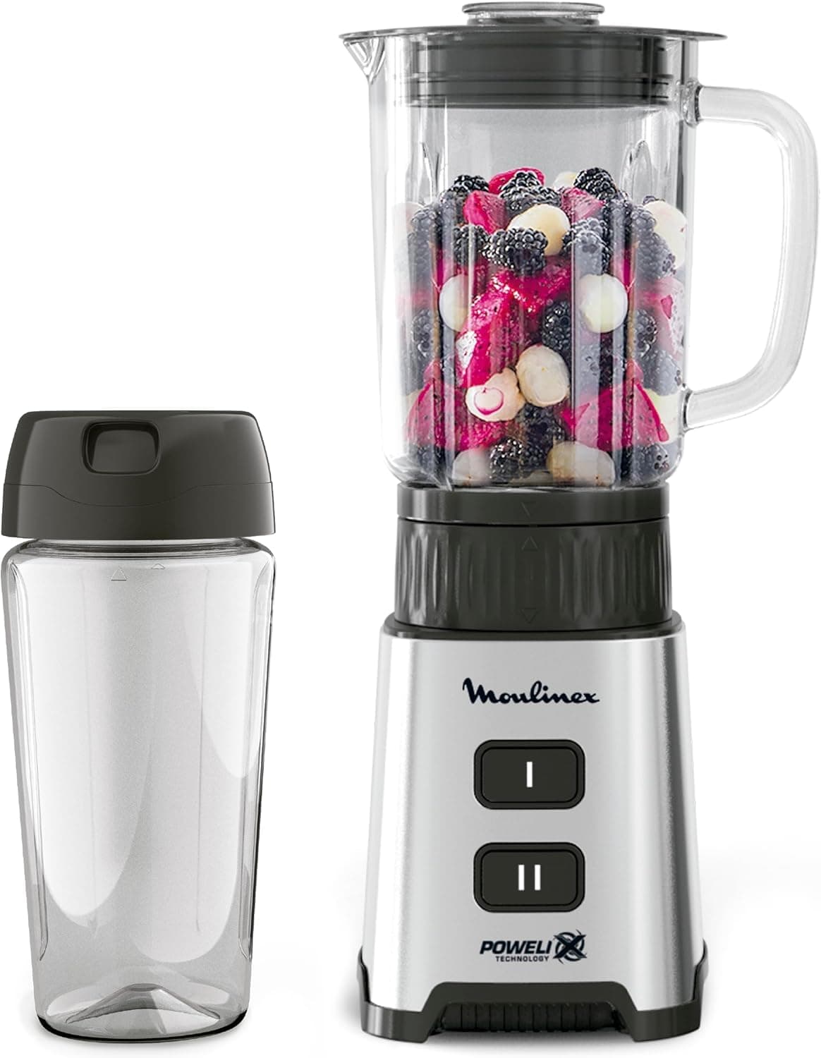 Moulinex Pulseo, Batidora de vaso individual de 400 W, Tecnología Powelix, Cuchillas extraíbles, 2 velocidades, Control de textura, Con recipiente portátil de 600 ml, Acero inoxidable, LM17GD