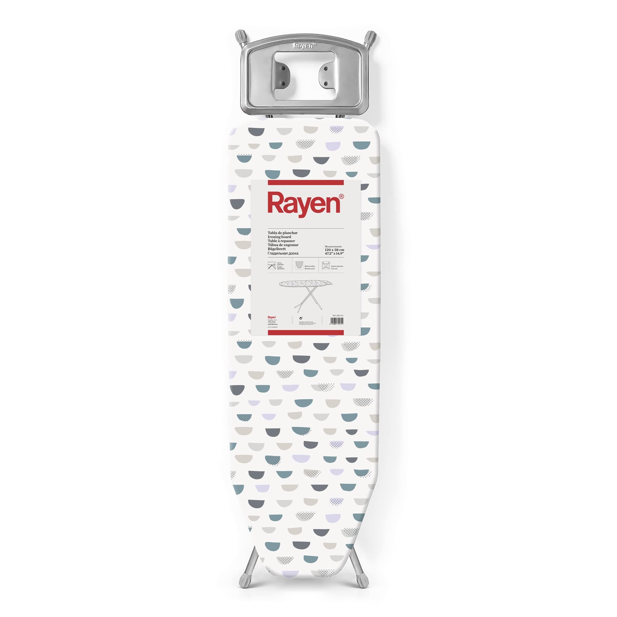 Rayen | Planche à Repasser | Gamme Basic | Planche avec Maille Métallique | Hauteur Réglable | Repose - Plaques | Grise/Imprimée Blanche | Dimensions : 120 x 38 cm