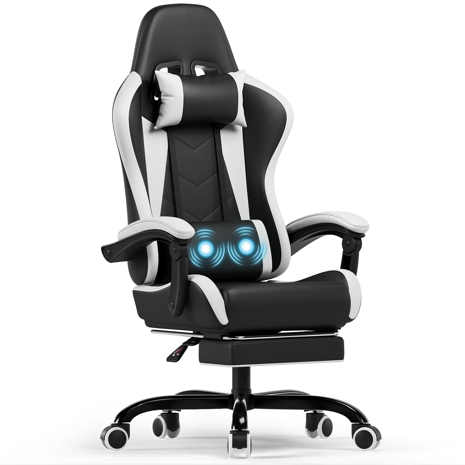 Devoko Silla Gaming con Masajeador, Silla Oficina con Reposapiés, Silla Juego de Carreras con una Carga de 150 kg, Respaldo Ajustable Alto Silla Ergonomica de Juegos Reclinable 90-135°(Blanco)