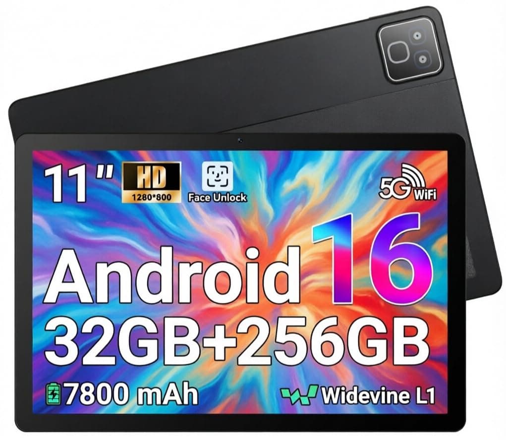 MUISOO Tablet Android 16, Tableta de 11 Pulgadas, 32GB RAM+256GB ROM (TF 1TB), 7800mAh, 5 Núcleos, 1280 * 800 Pantalla HD, WiFi 6, Widevine L1, Bluetooth 5.4, 5MP+8MP, Face ID, GPS Tableta Pad