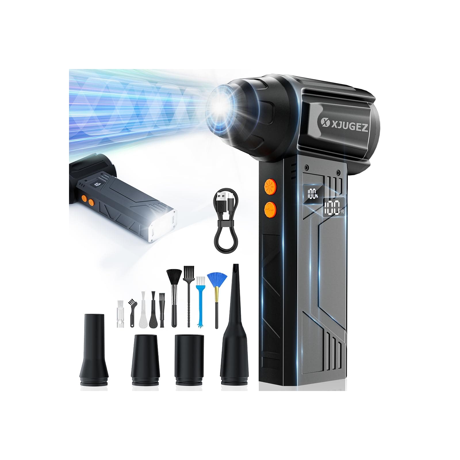 XJUGEZ Aria Compressore Elettrico Rimuovi Polvere,4 Velocità 180000RPM Soffiatore a Batteria con 2 Luce LED&4 Ugelli,Mini Compressore Aria per Auto,Laptop,Tastiera Sostituisce Aria Compressa Spray