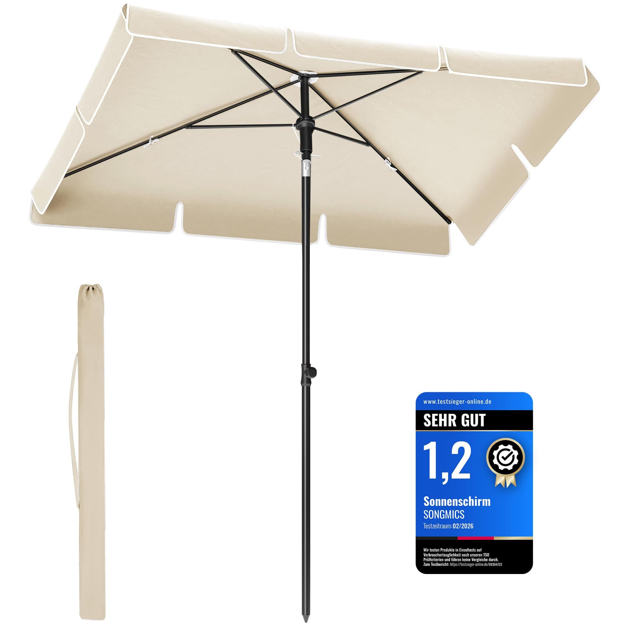 SONGMICS Sonnenschirm 230 x 150 cm, Balkonschirm UPF 50+, Sonnenschutz, beidseitig um 30° knickbar, höhenverstellbar, mit Aufbewahrungstasche, für Garten, Terrasse, ohne Ständer, beige GPU044M01