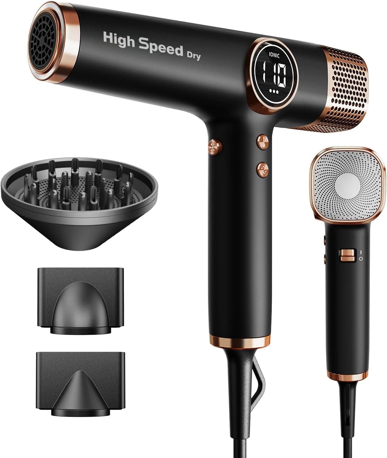 Faszin Secador de Pelo Profesional y Ligero con Motor de 110,000 RPM, Secado Rápido, 200 Millones de Iones, Bajo Ruido, Pantalla LED y 3 Boquillas Magnéticas, Ideal para el Hogar y el Salón