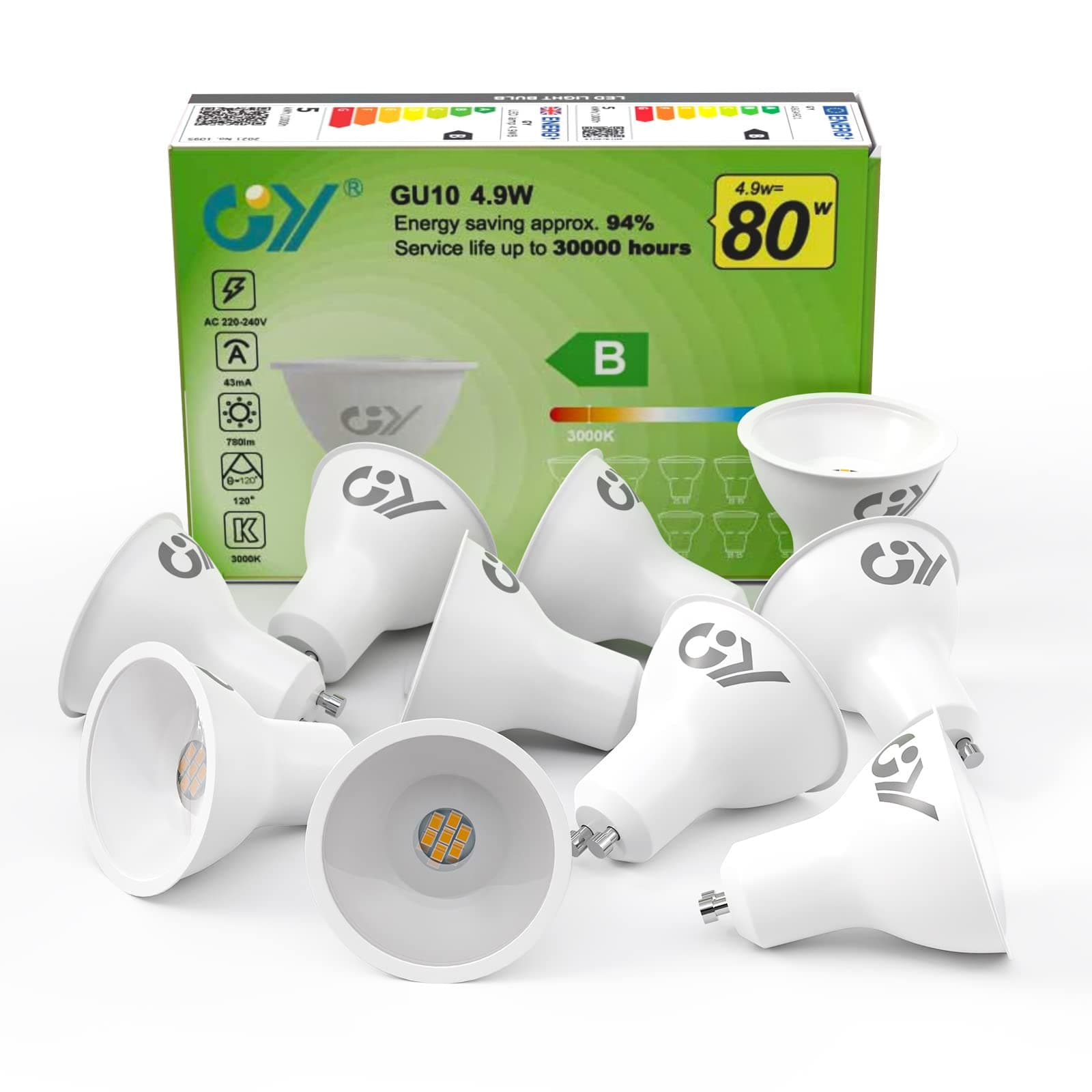 GY Lampadine GU10 LED, 4.9W (equivalenti a 80W), 780 Lumen, 3000K Bianco Caldo, Risparmio Energetico LED GU10, Lunga Durata, Basso Consumo, 120° Angolo del Fascio,Non Dimmerabile, 10 pezzi