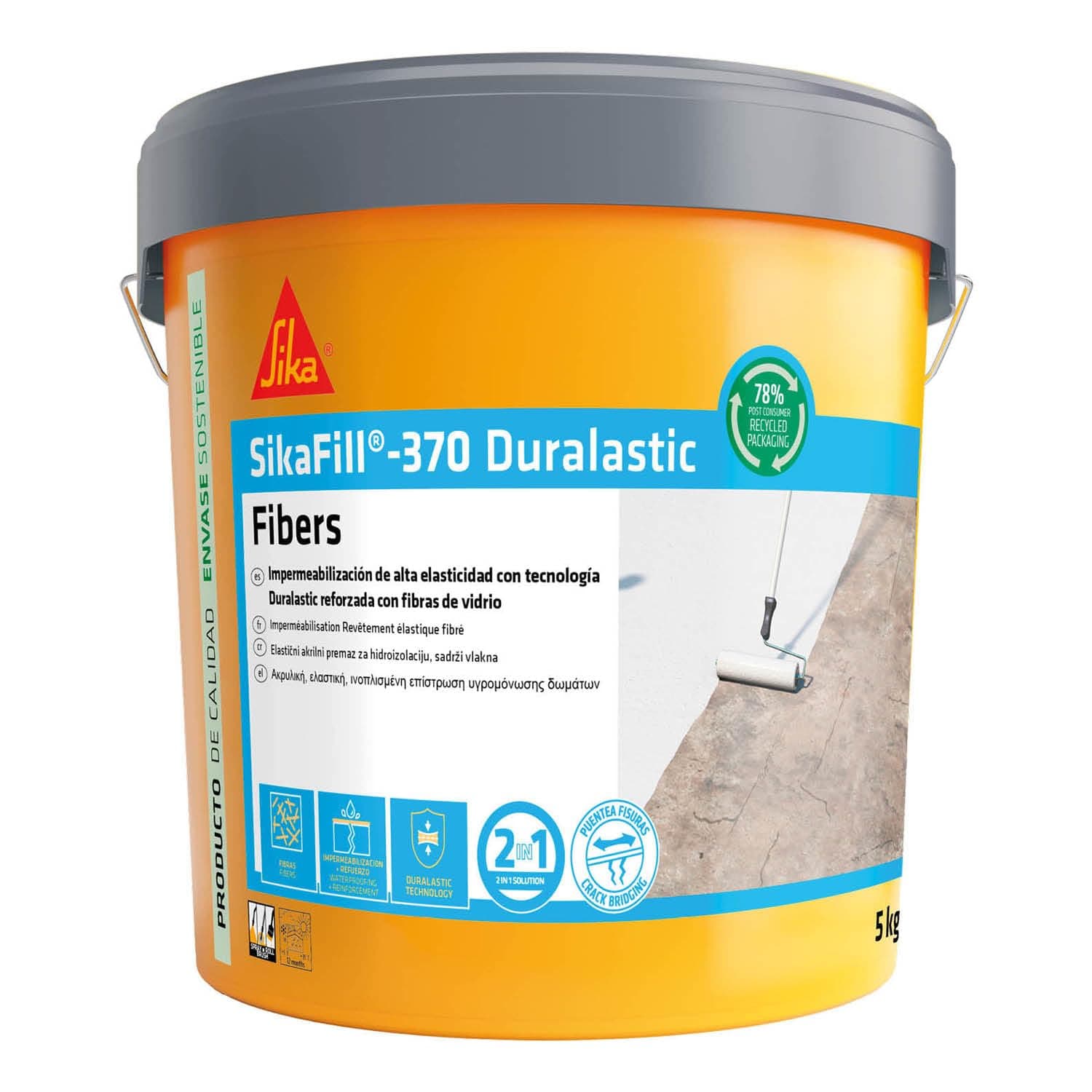 SIKA - Impermeabilización reforzada con fibra - SikaFill 370 Fibers - Rojo Teja -Pintura acrílica con fibras de vidrio para impermabilización de cubiertas,terrazas visitables -Puenteo de fisuras - 5kg