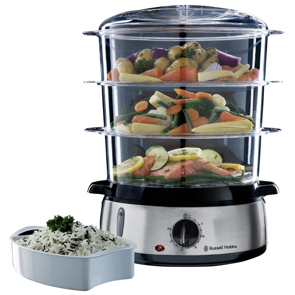 Russell Hobbs Cuiseur Vapeur [Grande capacité] Cook@Home (800W, 9 L, 3 niveaux, 1 panier cuiseur de riz + 6 supports à œufs incl., écran digital, minuterie programmable, 3 Paniers sans BPA) 19270-56