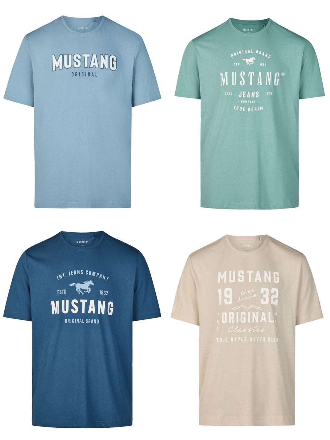 MUSTANG Tshirt Herren Baumwolle Regular Fit 4er Pack Set Rundhals Kurzarm Sommer Tee Shirt Logoprint Schwarz Weiß Grau Blau Grün S M L XL XXL 3XL 4XL 5XL 6XL