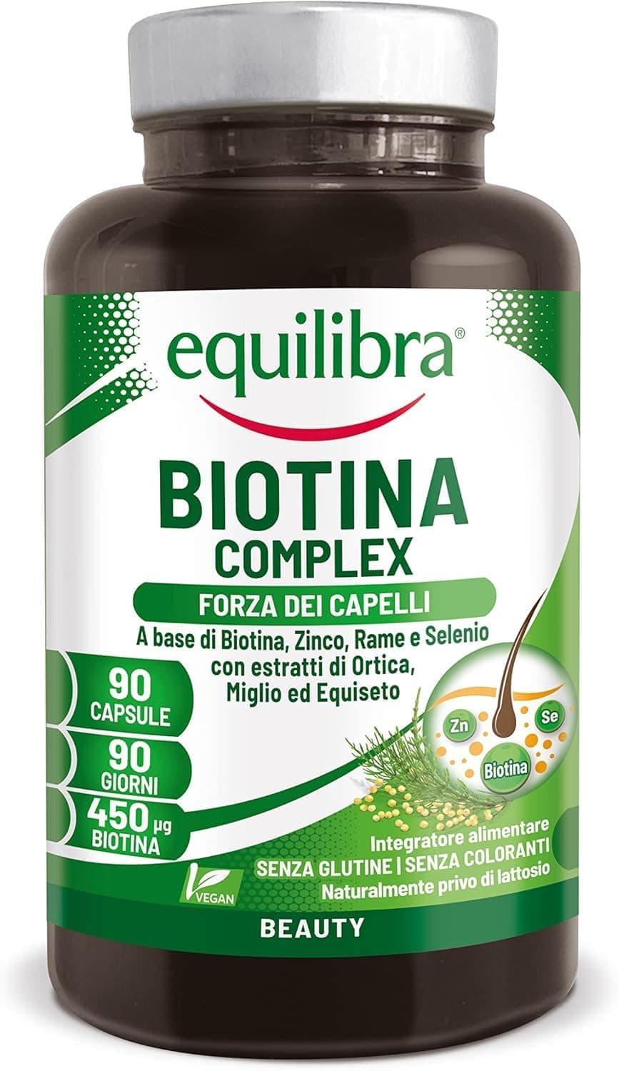 Equilibra Biotina Altodosata 450 mcg, per Capelli e Unghie, con Zinco, Rame, Selenio, Estratti di Ortica, Miglio, Equiseto, Vegan, Senza Glutine, Privo di Lattosio, 90 Capsule