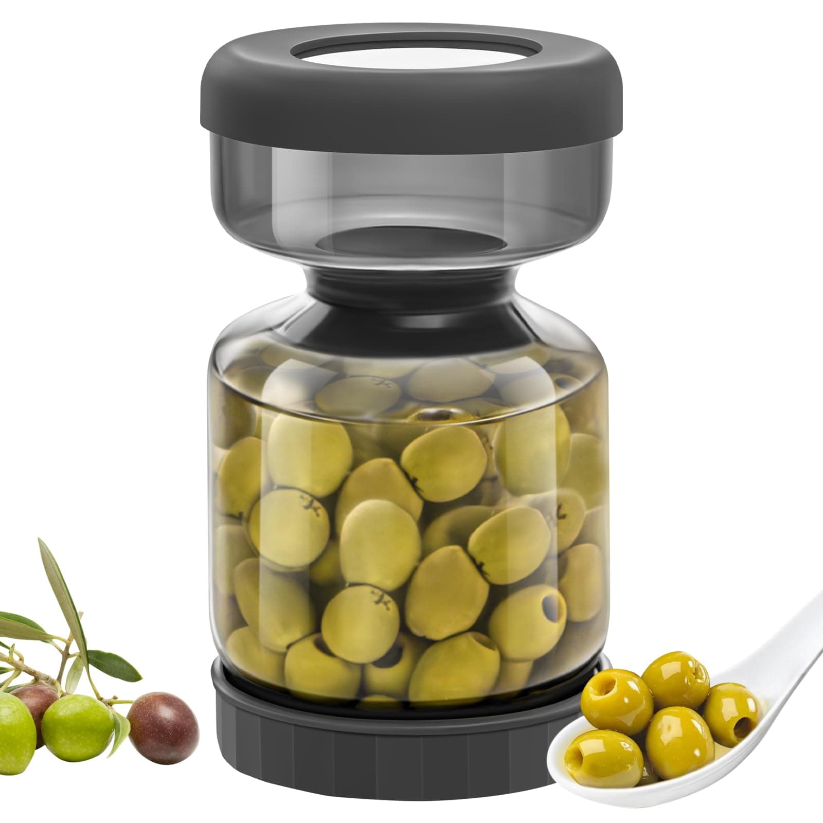 WhiteRhino Tarro de pepinillos con colador Flip,1L Recipiente de para pepinillos con doble a prueba de fugas,Tarro de cristal separador de jugo de pepinillos Flip Pickle y Olive Hourglass Jar(Gris 1L)