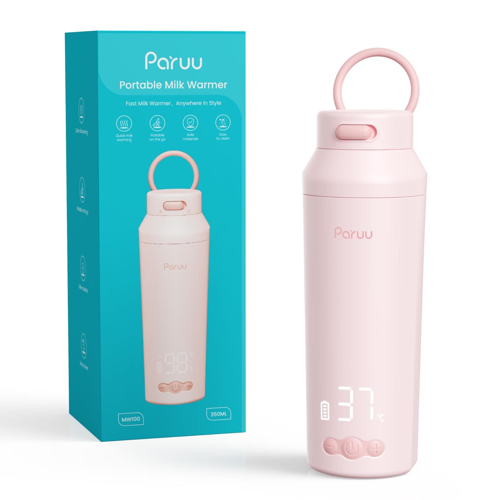 Paruu Chauffe Biberon Portable pour Nomade sans Fil, Chauffage Rapide en 2 minutes, Gros bec Facile à Nettoyer, 7 Niveaux de Température, Charge Rapide 30 W, Capacité 350 ml, Rose