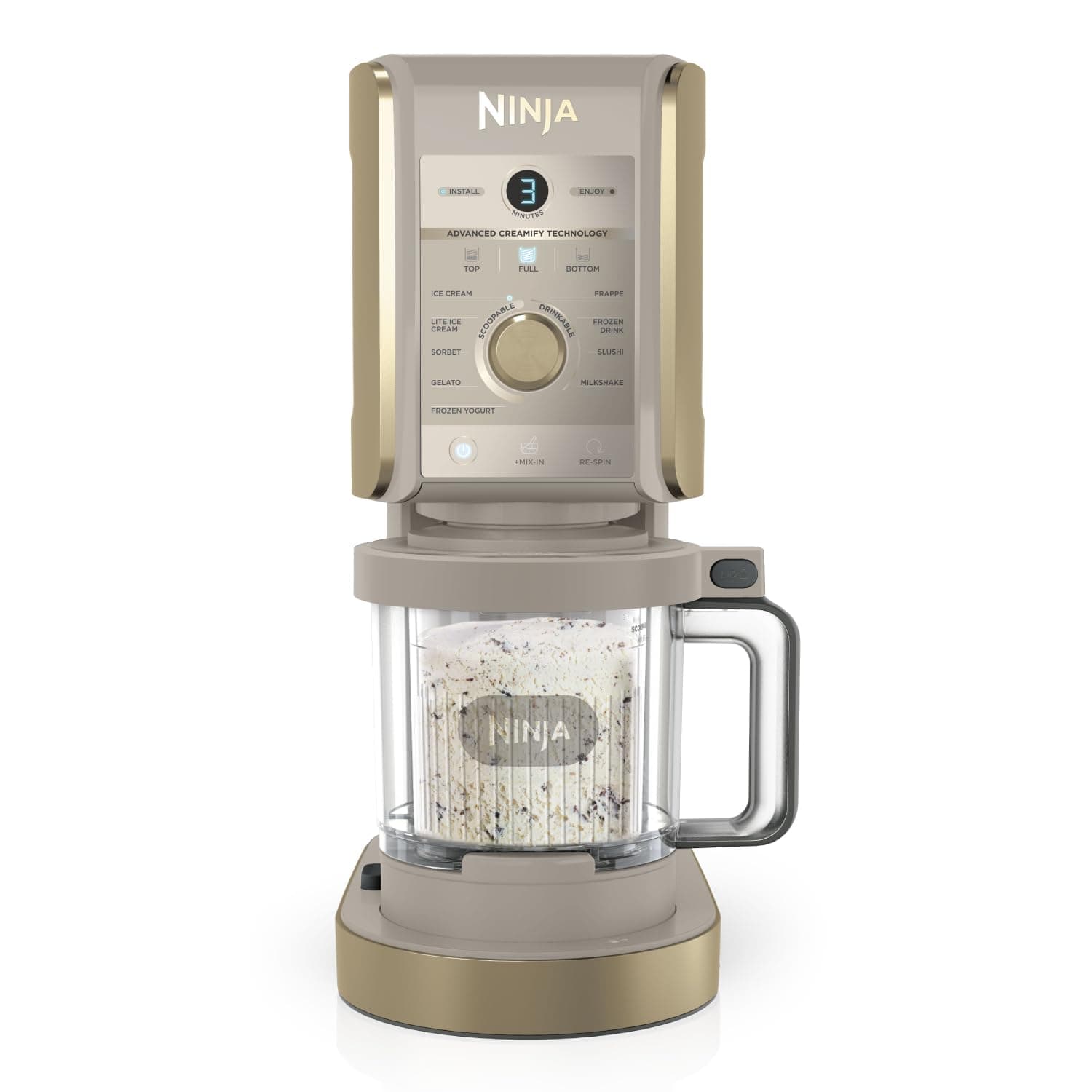 Ninja CREAMi Deluxe Heladera multifunción con 2 tarrinas, 10 programas, prepara Helado, Gelato, Sorbete, Yogur congelado, Batido, Granizado y más, opción de 2 sabores en 1, piedra dorada, NC502EUSTGD