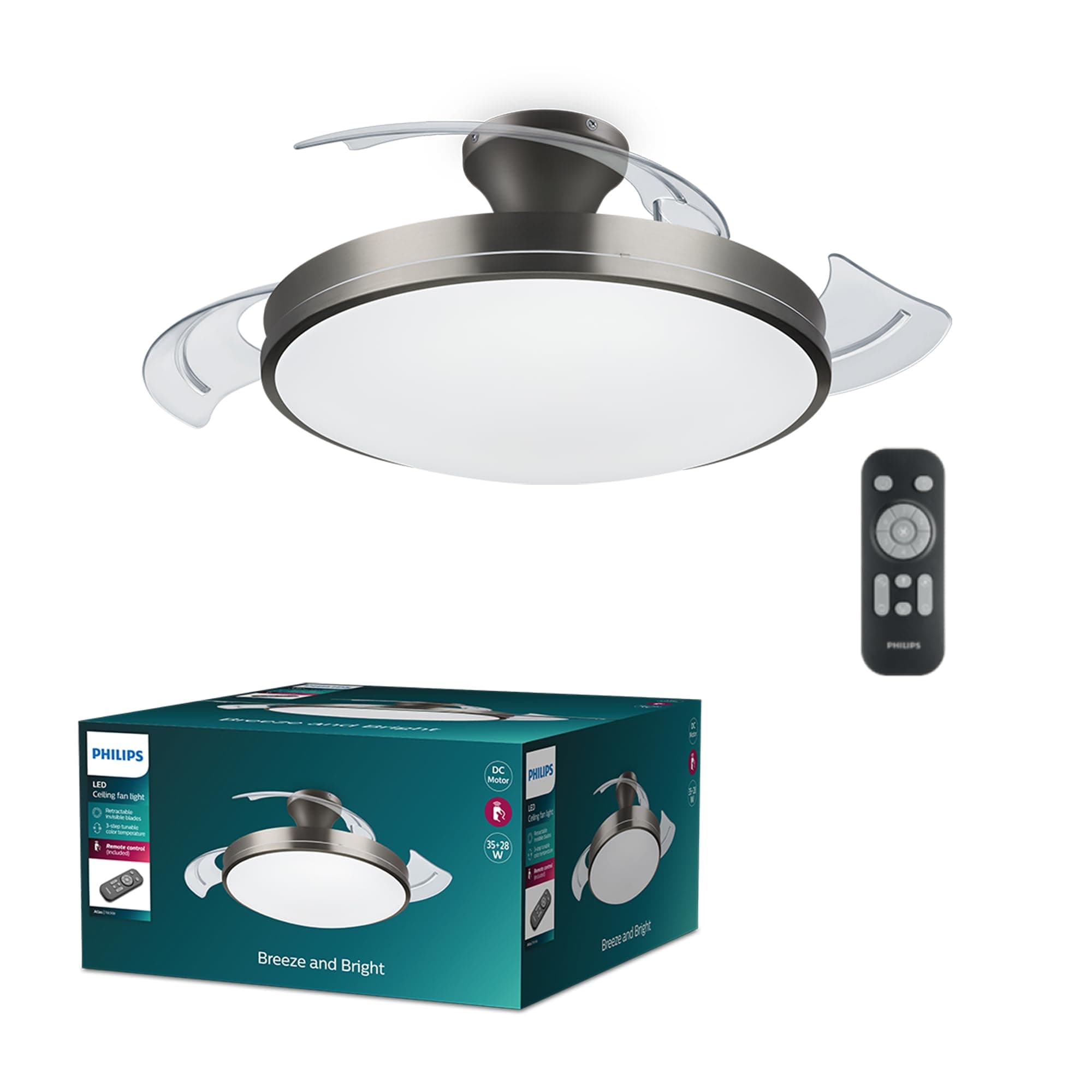 Philips Plafón LED y Ventilador de Techo Retráctil Níquel con Mando a Distancia