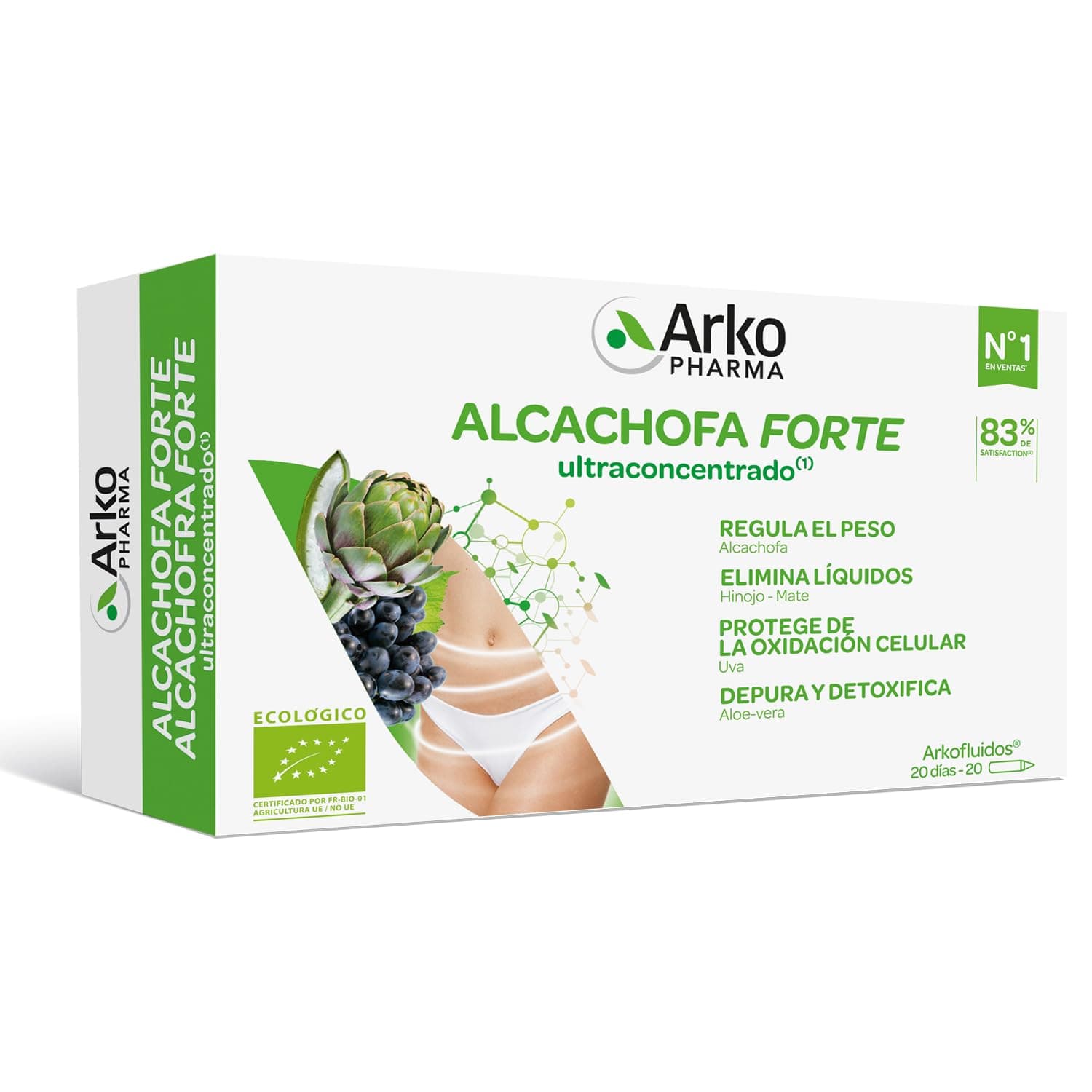 Arkopharma - Arkofluido Alcachofa Forte, 20 Ampollas, Complemento Alimenticio Detox con Alcachofa, Aloe Vera, Hinojo, Mate y Uva, Control de Peso, Ayuda en la Retención de Líquidos, Apto para Veganos