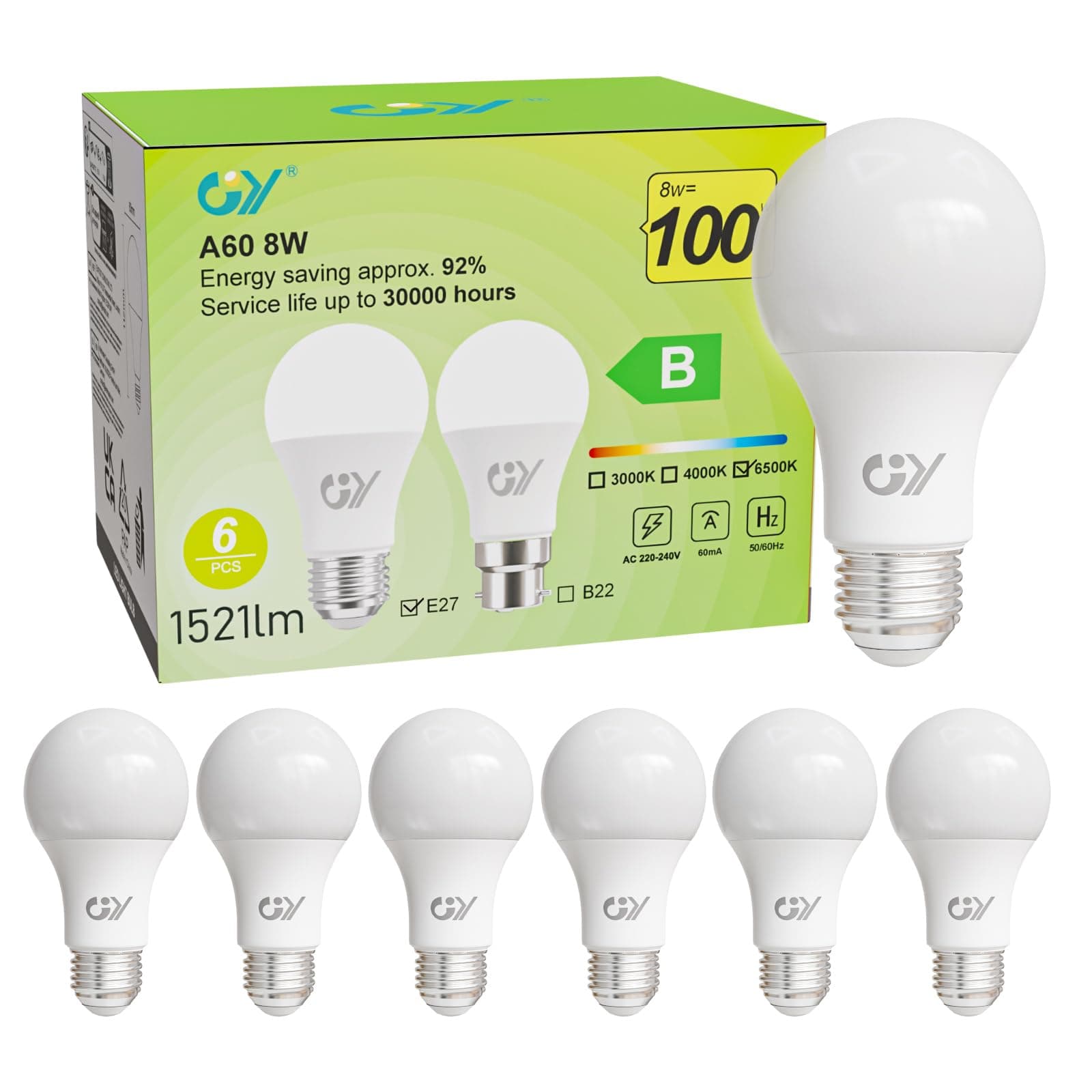 GY Ampoule LED E27 Classe B, 8 W (équivalent 100W),1521 lumens 6500K Blanc Froid,A60 Ampoules E27 LED Efficacité Energétiqu,Non-Dimmable, 6 Unité (Lot de 1)