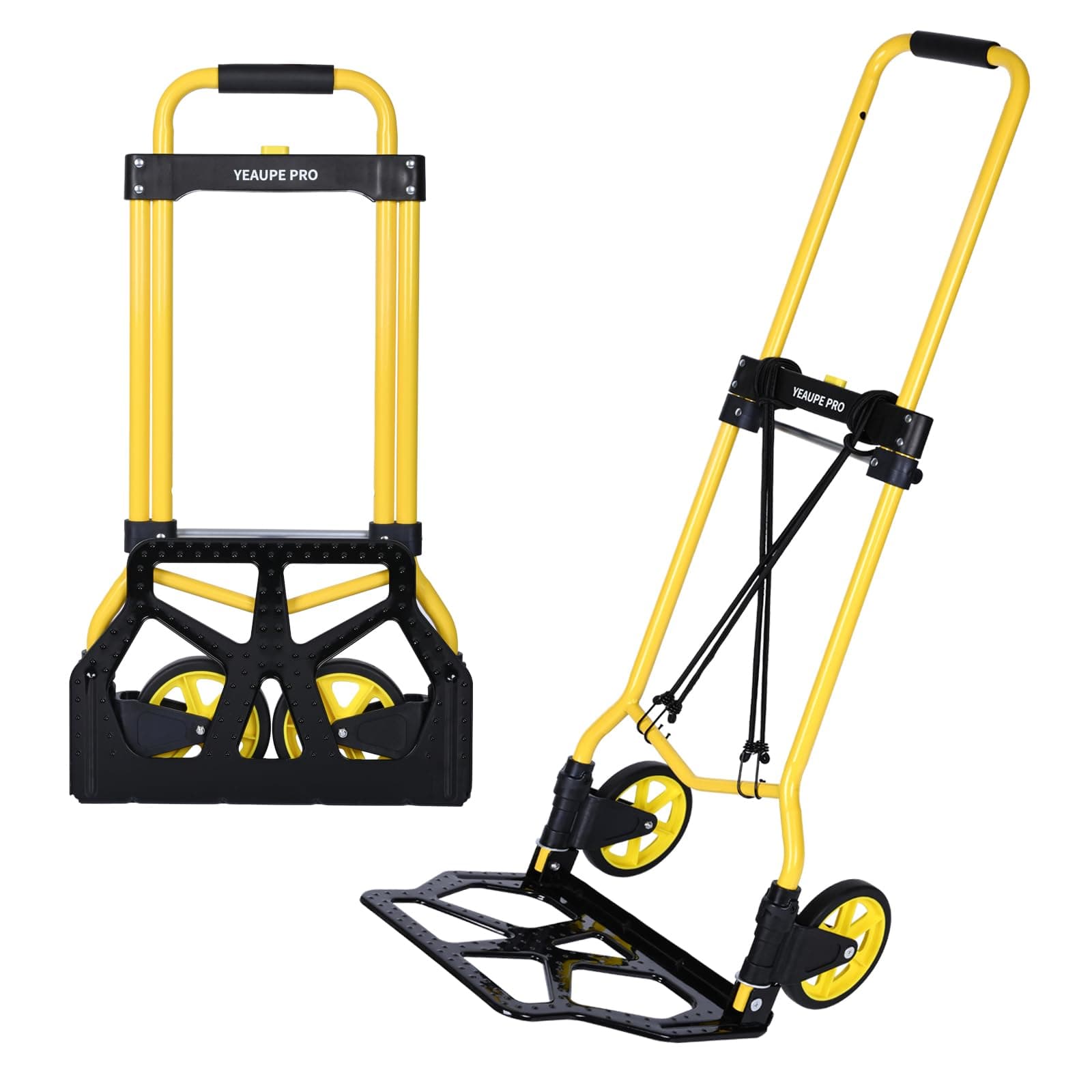 YEAUPE PRO Carrello di Trasporto Pro Pieghevole con Manico Telescopico, Ruote in Gomma, 2 Cinghie | Portata 50 kg per Traslochi, Giardino, Trasporto, Giallo - Monoruota