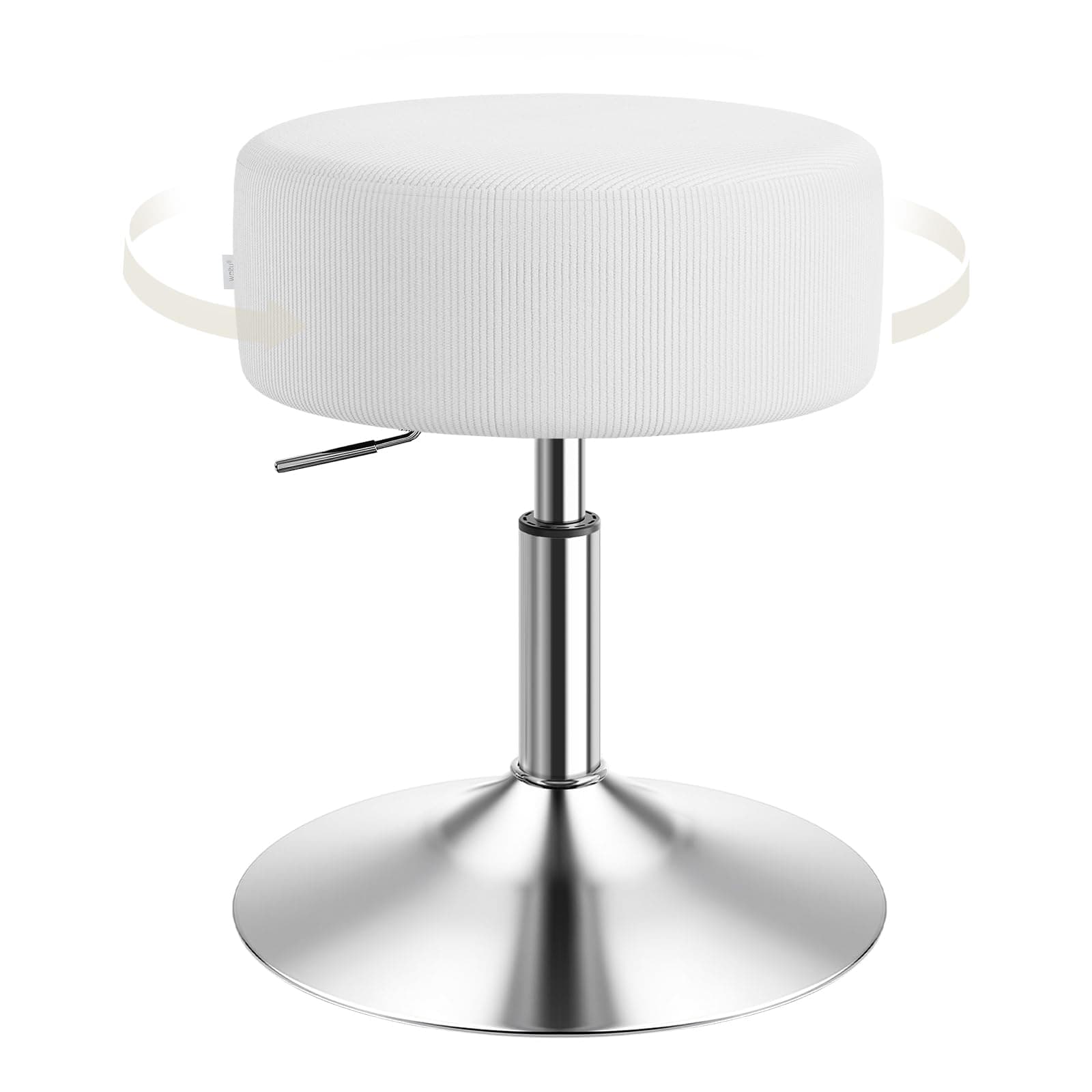 WOLTU Schminktisch Hocker, Schminkstuhl, Barhocker Rund, Höhenverstellbar, 360° Drehbar mit Verdickter Polsterung, Cord Bequemstuhl für Schminktisch, Schlafzimmer, Esszimmer, Weiß+Silber, BH409ws-1