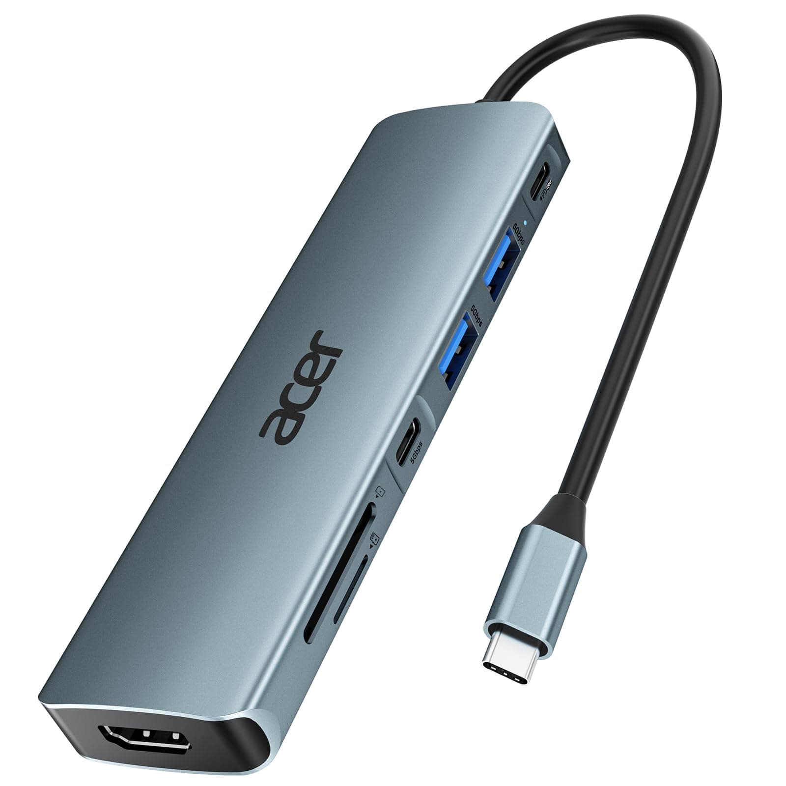 acer Hub USB C, Adaptateur USB C vers HDMI 4K avec PD 100W, Lecteur de Carte SD/TF, 2 USB 3.0 et USB C 5Gbps, Compatible pour iPhone 16 Plus Pro Max, iPad Pro, MacBook, Galaxy S20 etc