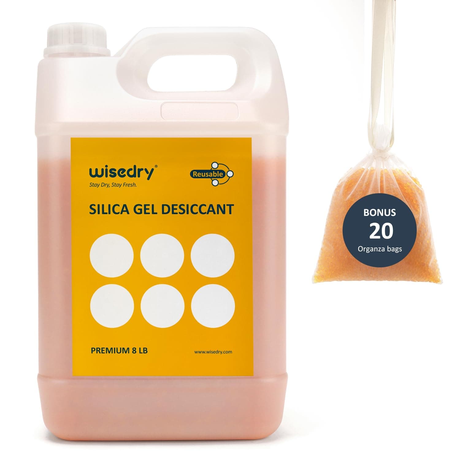 wisedry Perlas de Gel de Sílice Reutilizables a Granel con Color Indicador Naranja a Verde Tamaño de la Perla 2-4 mm Recargable con 20 Bolsas de Organza con Cordón - 3,6 kg [ 8 LBS ]