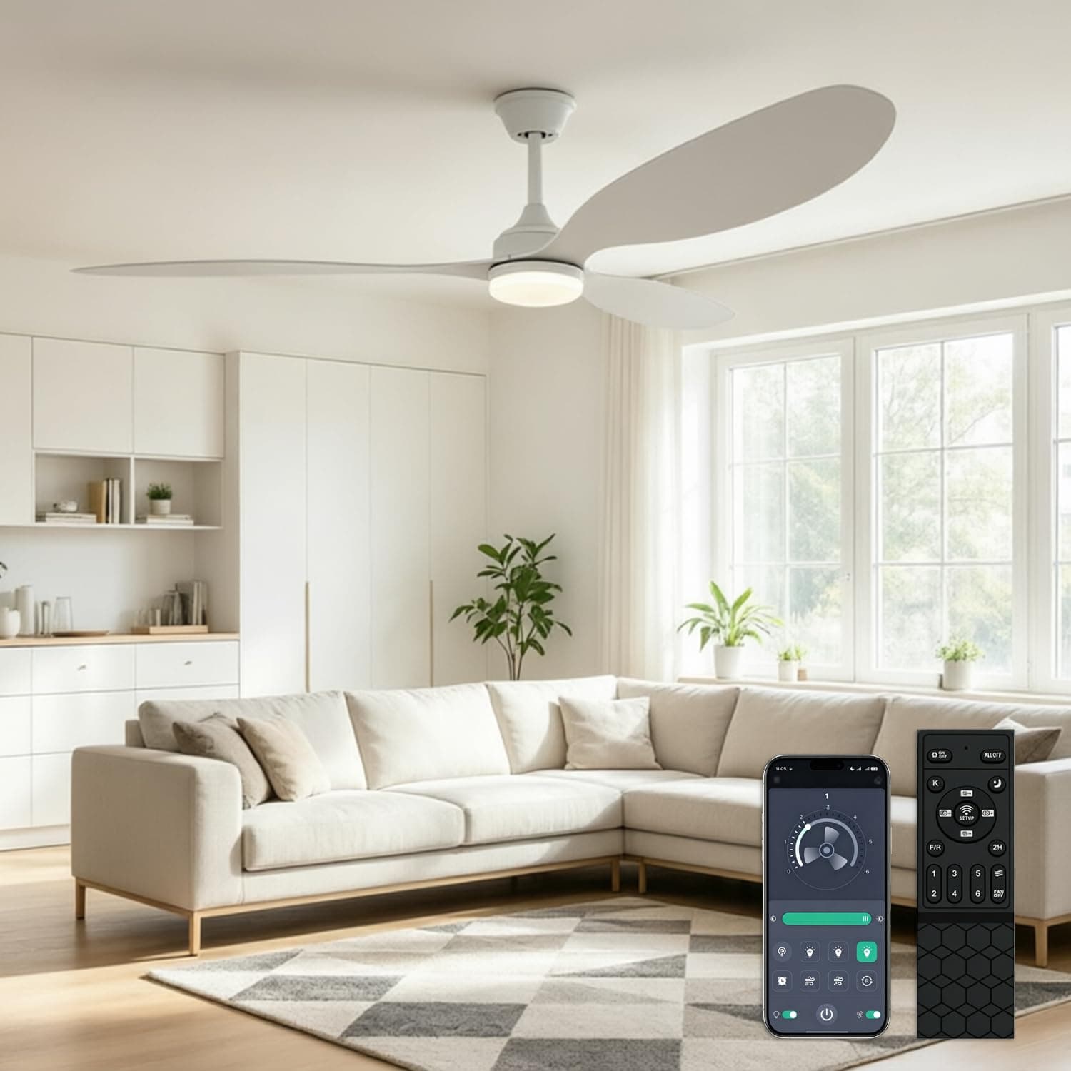 YrgePowk 130CM Sourdine Ventilateur de Plafond Avec Lumière et Télécommande, 60W Plafonnier Ventilateur Reversible 6 Vitesses Du Vent, 3 Couleurs Réglables, Minuterie, pour Chambre Salon Cuisine