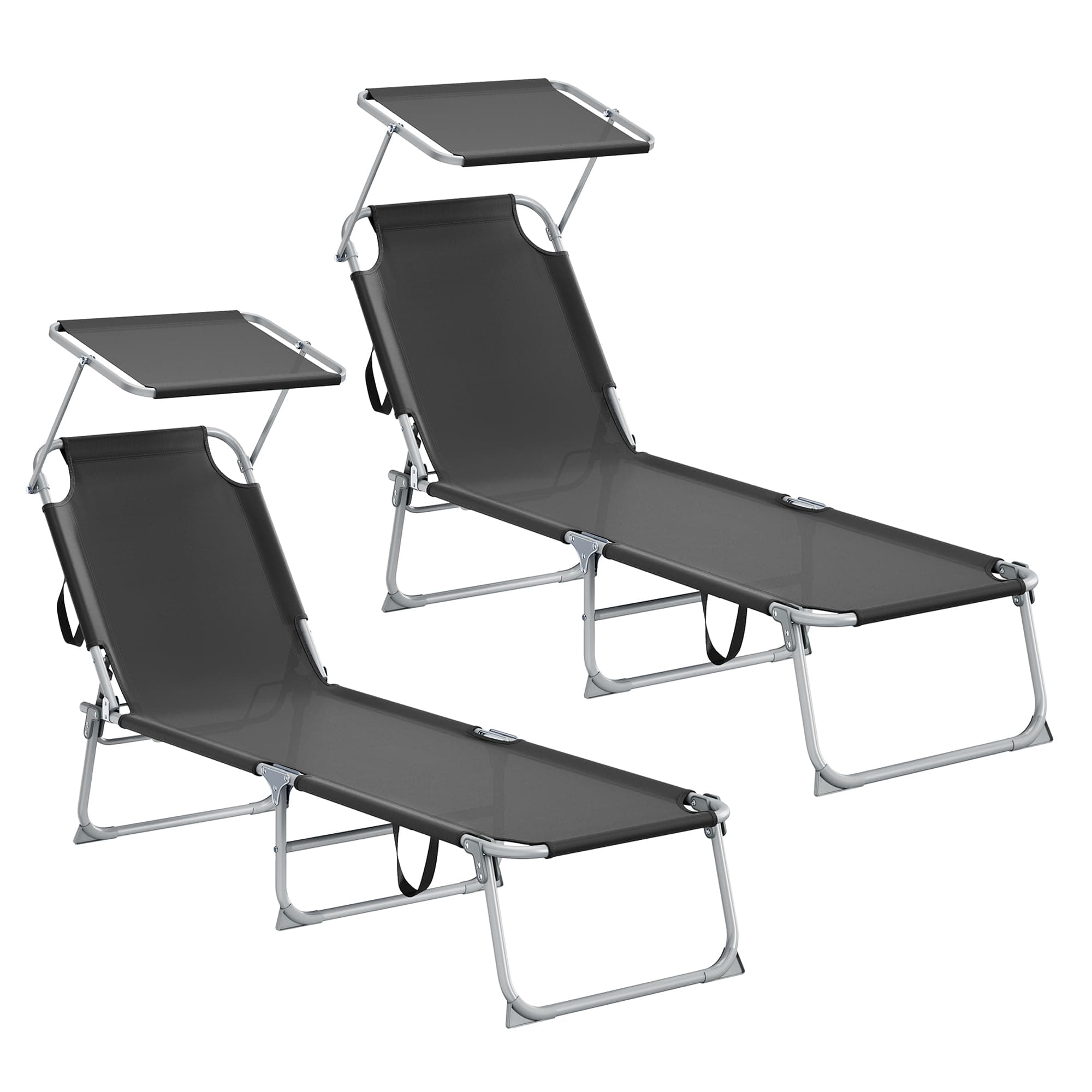 SONGMICS Chaises Longues Pliantes, 189 x 53 x 28,5 cm, Transats Jardin Extérieur, Chaque Chaise Supporte 110 kg, Pare-Soleil et Dossier Réglables, pour Terrasse, Balcon, Lot de 2, Noir GCB294BZ02