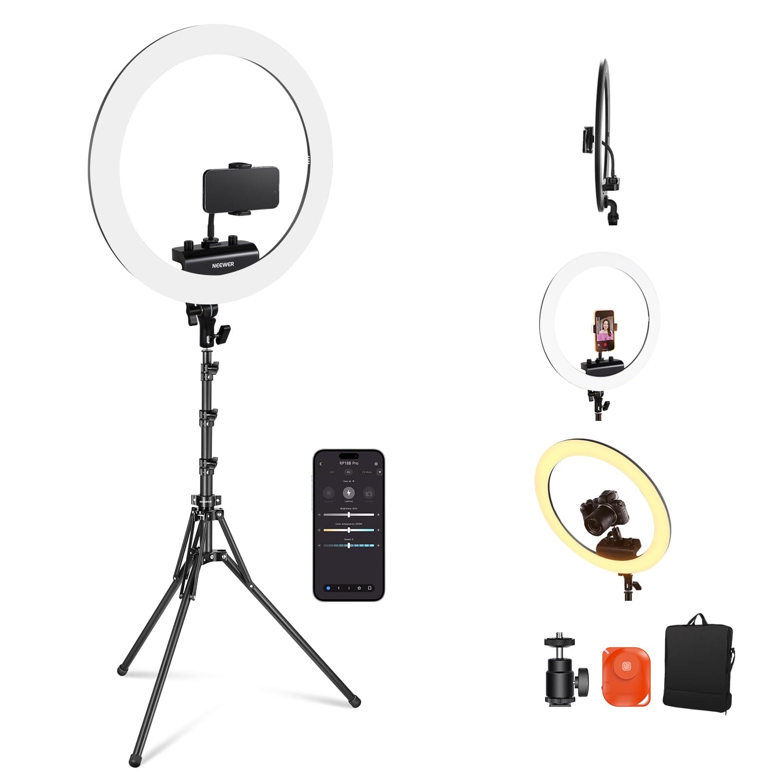NEEWER Aro Luz Profesional con Soporte y Movil Soporte, 18Inch Ultrafino, 45W 2900K-7000K TLCI98, Obturador Remoto y App Control, Iluminación Más Suave para Maquillaje en Vivo TikTok,RP18B Pro Negro