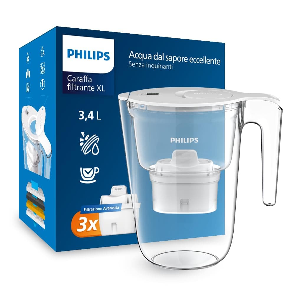 Philips Water XL Filtro caraffa + 3 cartucce filtranti di ricambio, Filtrazione Avanzata, flusso rapido, timer elettronico, filtra CLORO, CALCARE, METALLI PESANTI e MICROPLASTICHE, BIANCO, 3.4 litri