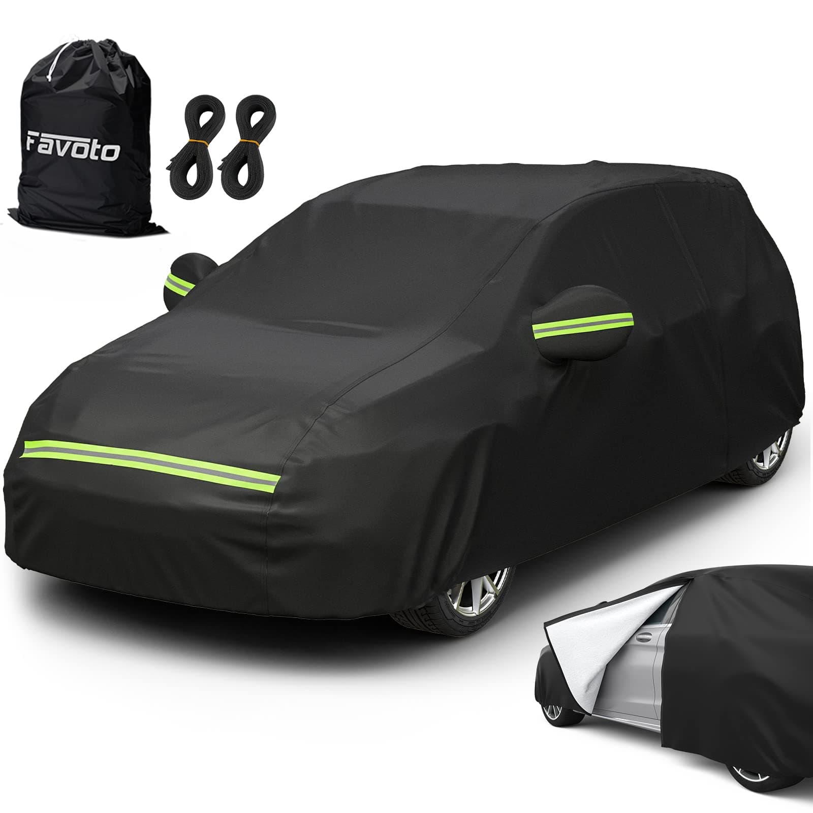 Favoto Bâche Voiture Housse de Protection Auto Exterieur PEVA Couverture Imperméable pour À Hayon avec Ouverte Latérale pour Cabine, Coton Respirant, Anti UV Neige Poussière, 435x180x160cm Noir