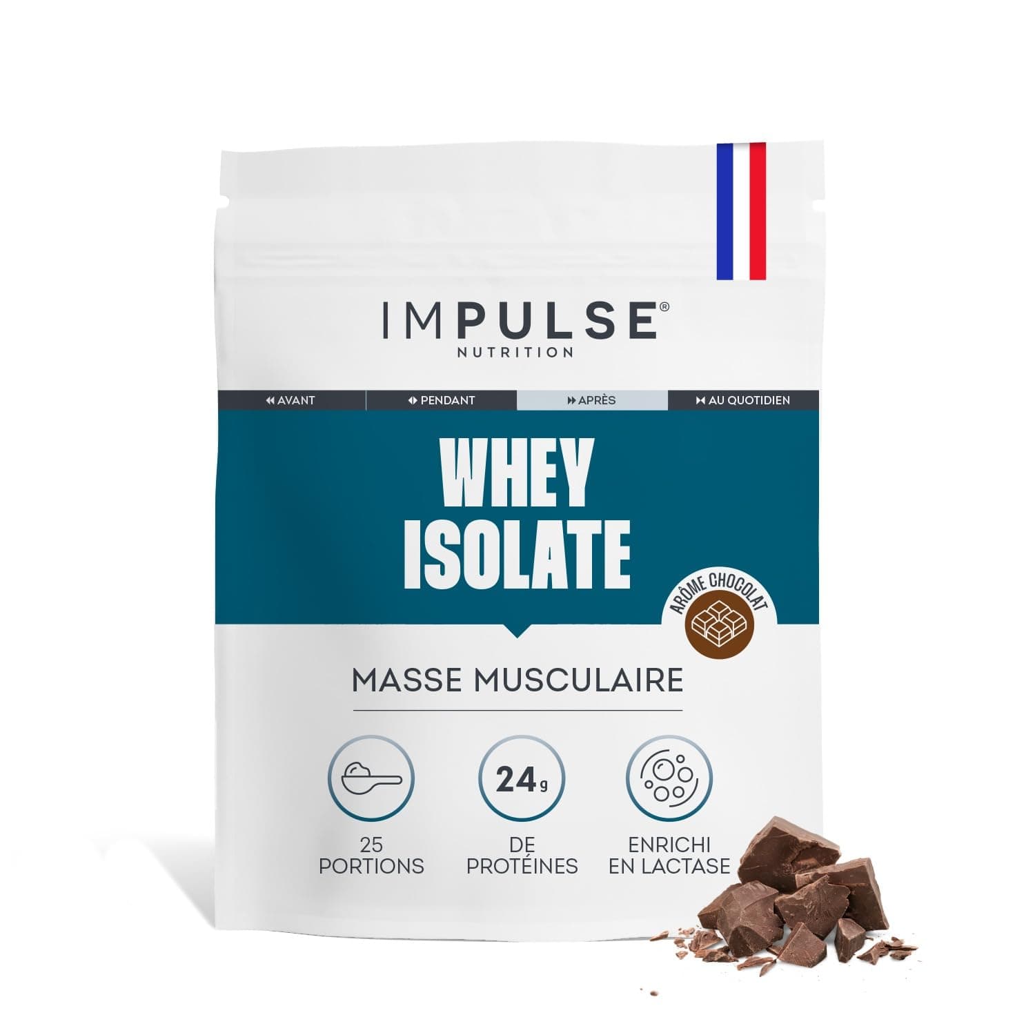 Impulse Nutrition - Whey Isolate Chocolat - Protéines et BCAA - 24g Protéines/Portion - Digestion Facilitée - Faible en Sucres - Boisson Récupération - Sport et Performance - 750g - Fabriqué en France