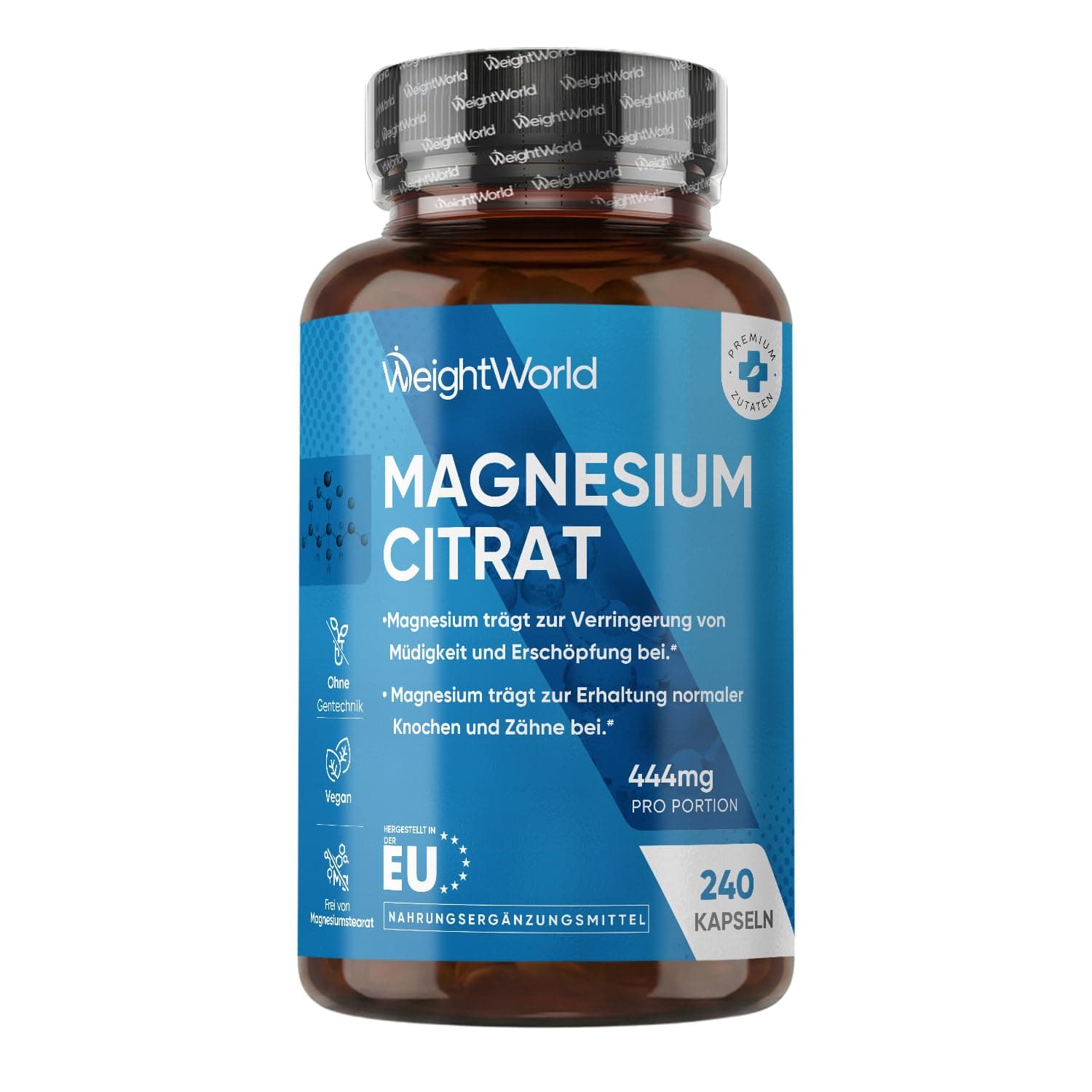 Magnesiumcitrat Kapseln gepuffert - 444mg Elementares Magnesium pro Portion - 240 Kapseln - 4 Monate Vorrat - Magnesium trägt zur Verringerung von Müdigkeit & Erschöpfung bei (EFSA) - WeightWorld
