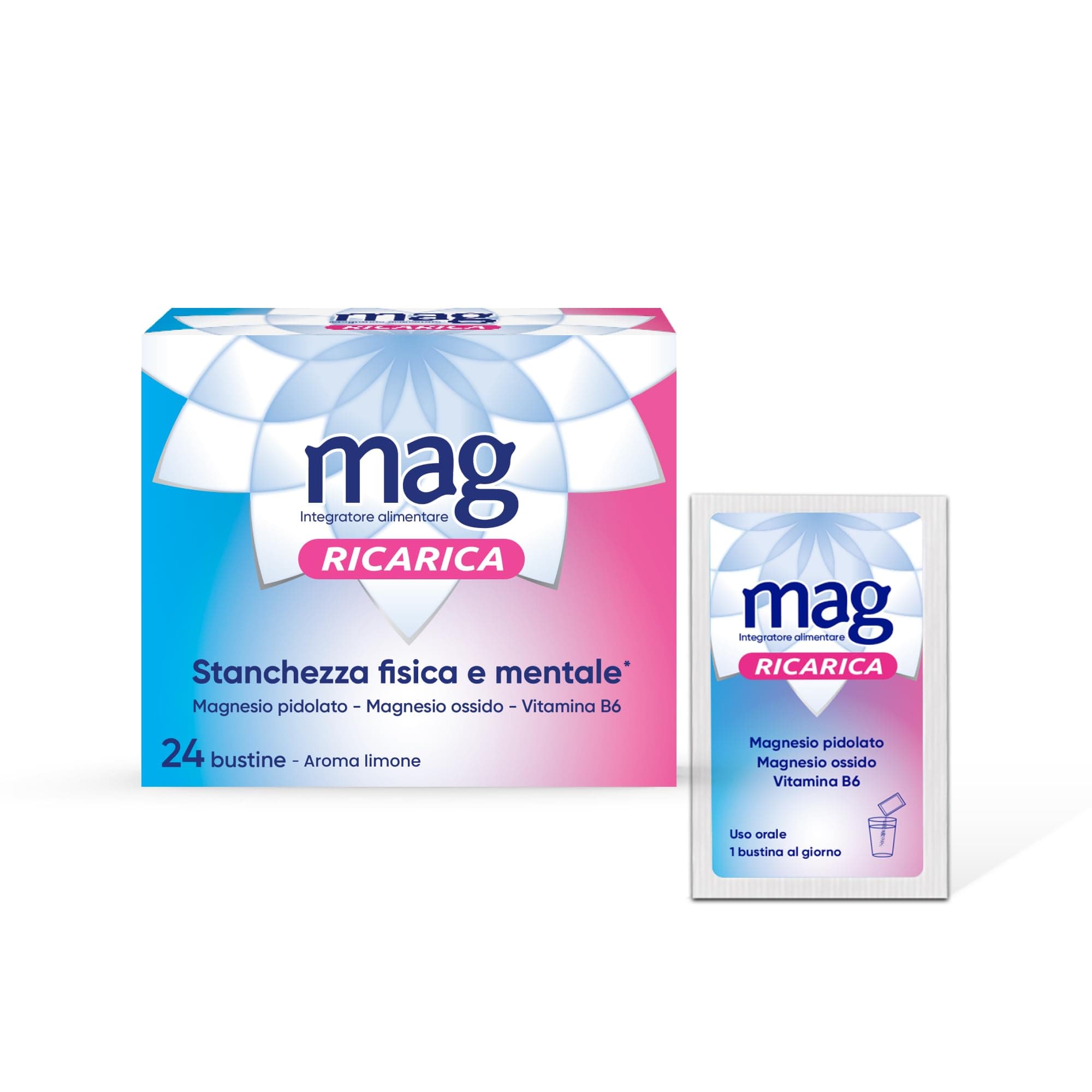 Mag Ricarica – Integratori per Adulti con Magnesio Pidolato, magnesio ossido, Vitamina B6, per Stanchezza Fisica e Mentale - Senza Glutine, Senza Lattosio (24 Bustine Aroma Limone)