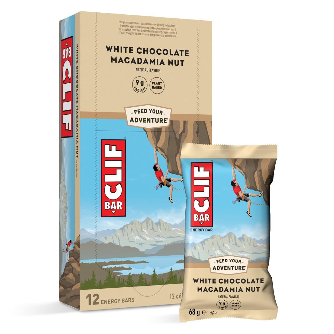 CLIF BAR | Energieriegel – Protein Riegel | 9g pflanzlichem Eiweiß | White Chocolate Macadamia Nut | Pflanzlicher Proteinriegel für Laufen, Marathon-Training, Radfahren und Ausdauersport | 12 x 68 g