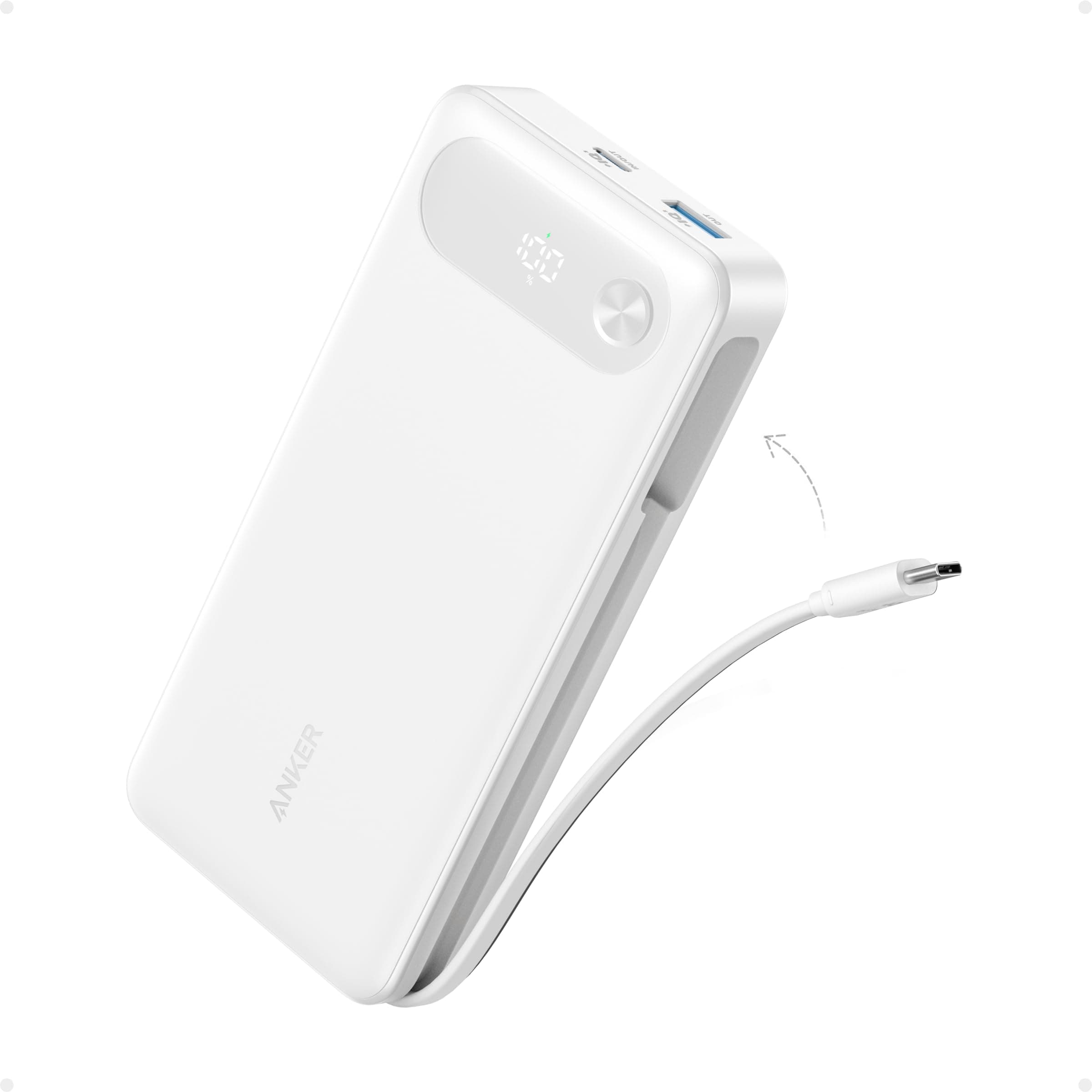 Anker Powerbank, 20.000mAh tragbares Ladegerät mit integriertem USB-C-Kabel, 87W Max Schnelllade-Akku, 1 USB-C und 1 USB-A, für MacBook, iPhone 17/16/15/14 Serie, Samsung, Switch, und mehr (weiß)