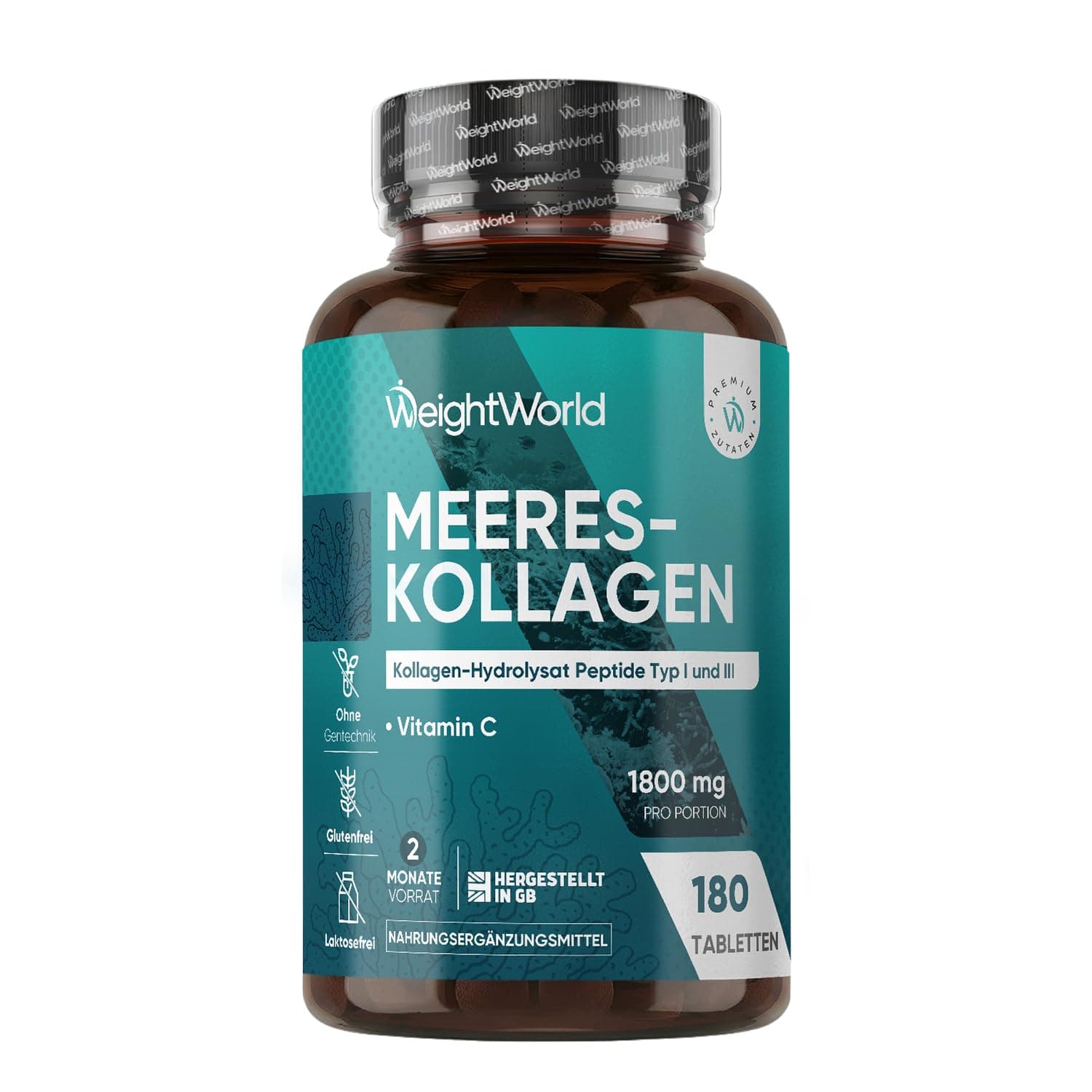 Kollagen mit Vitamin C - 1800mg Marine Collagen Hydrolysat pro Portion - Collagen Peptide Typ 1 & 3-180 Tabletten - Meereskollagen - 2 Monate Vorrat - Nahrungsergänzungsmittel von WeightWorld
