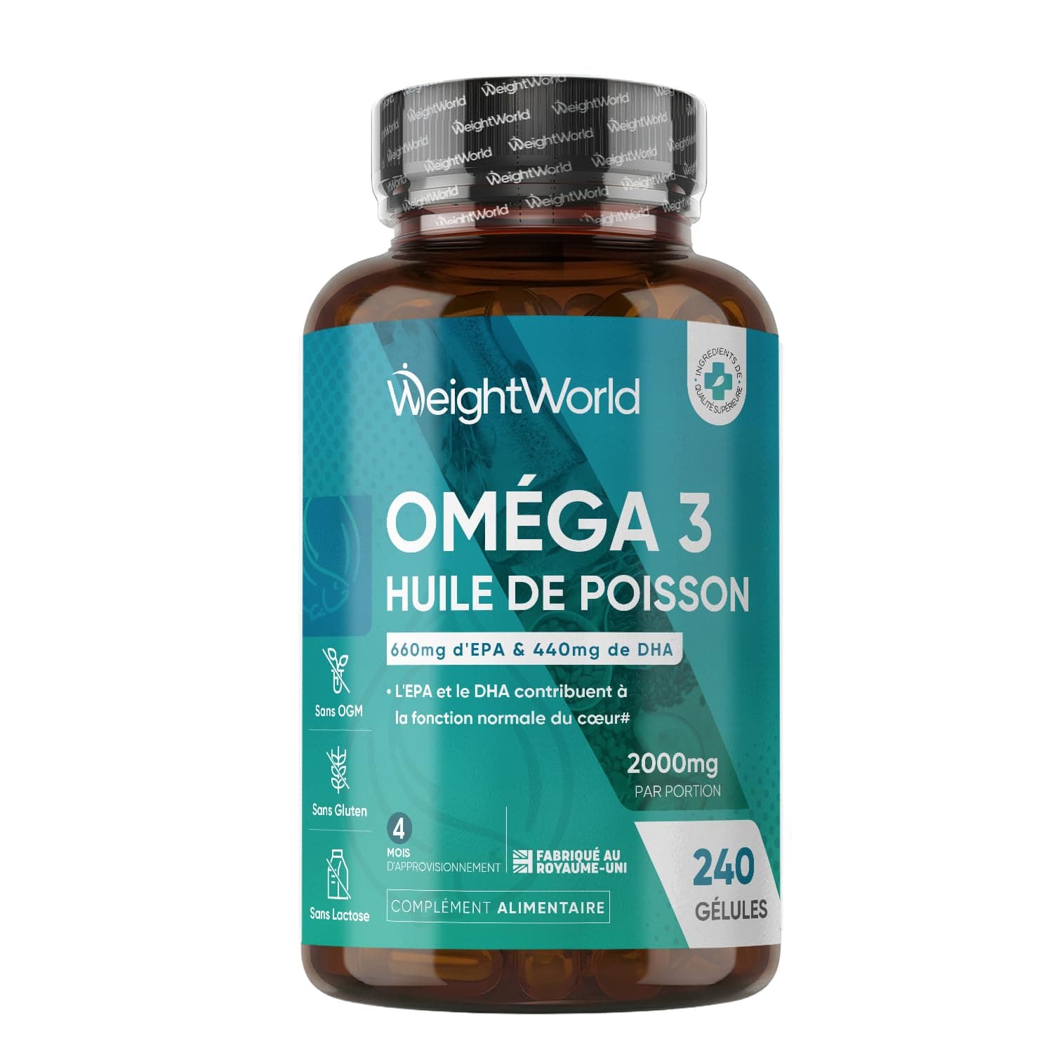 Oméga 3 Huile de Poisson Gélules 2000mg, 240 Gélules pour 4 Mois, avec EPA 660mg & DHA 440mg, Fish Oil Omega 3 sans Odeur, Selon l'EFSA, l'EPA et le DHA Contribuent au Fonctionnement Normal du Cœur