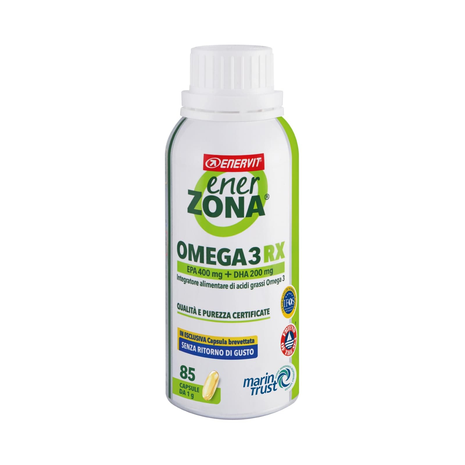 Enervit, Enerzona Omega 3 RX 85 Capsule da 1g Senza Ritorno di Gusto, Integratore Omega 3 IFOS, Acidi Grassi per Cuore, Vista e Cervello, Olio di Pesce 1000mg Capsule, Fish Oil Senza Glutine