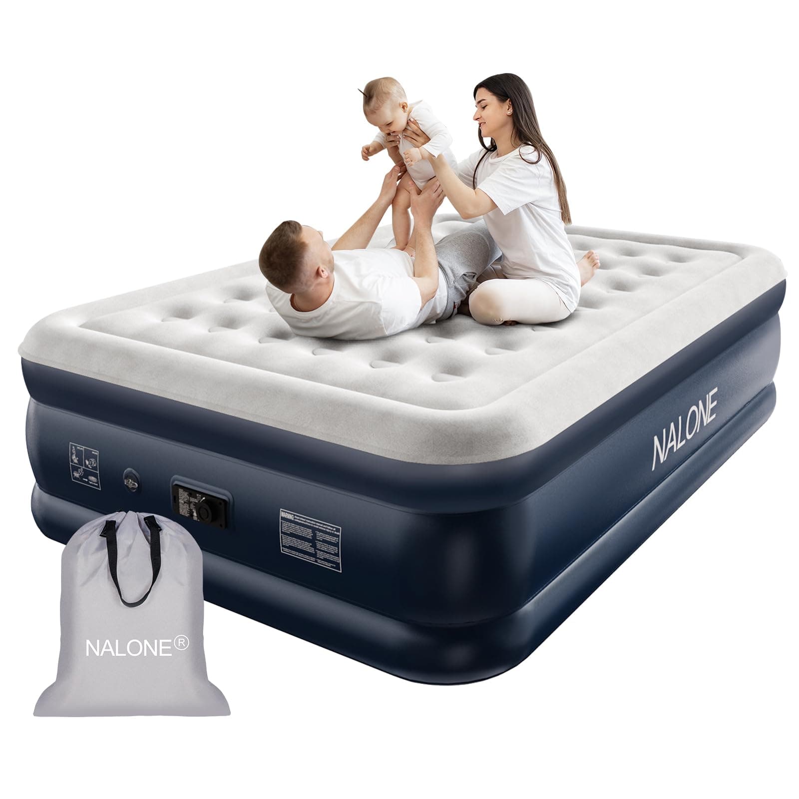 NALONE Materasso gonfiabile matrimoniale,Letto matrimoniale gonfiabile,Materasso d'aria auto gonfiante con pompa integrata,Letto gonfiabile in 3 minuti, Uso domestico 203x152x46cm