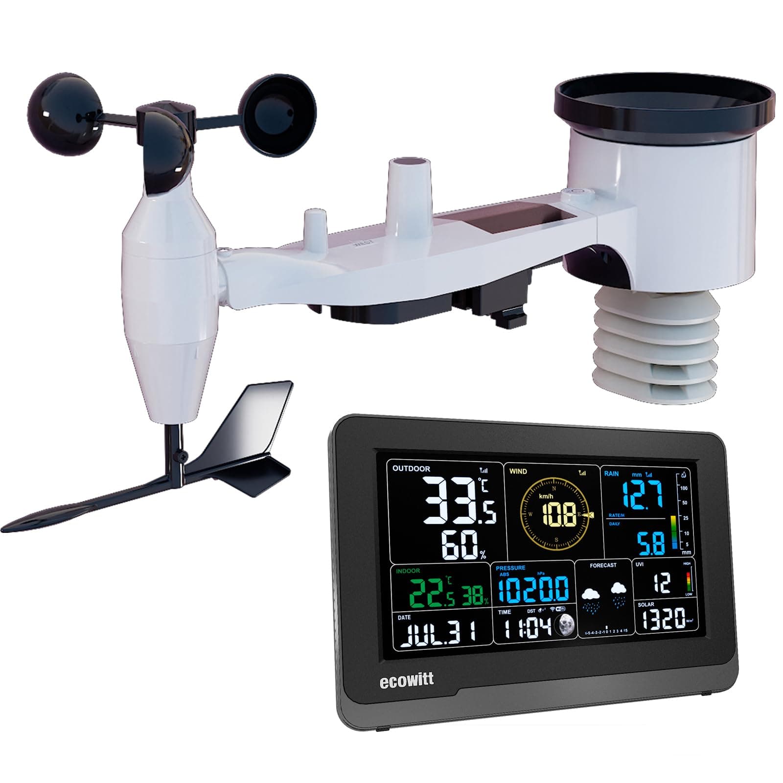 Ecowitt Estación meteorológica Wi-Fi Array 7 en 1 Jardín Sensor Solar Inalámbrico Exterior WS69 Pantalla LCD Color 7,5 Pulgadas Sistema de Monitoreo del Tiempo