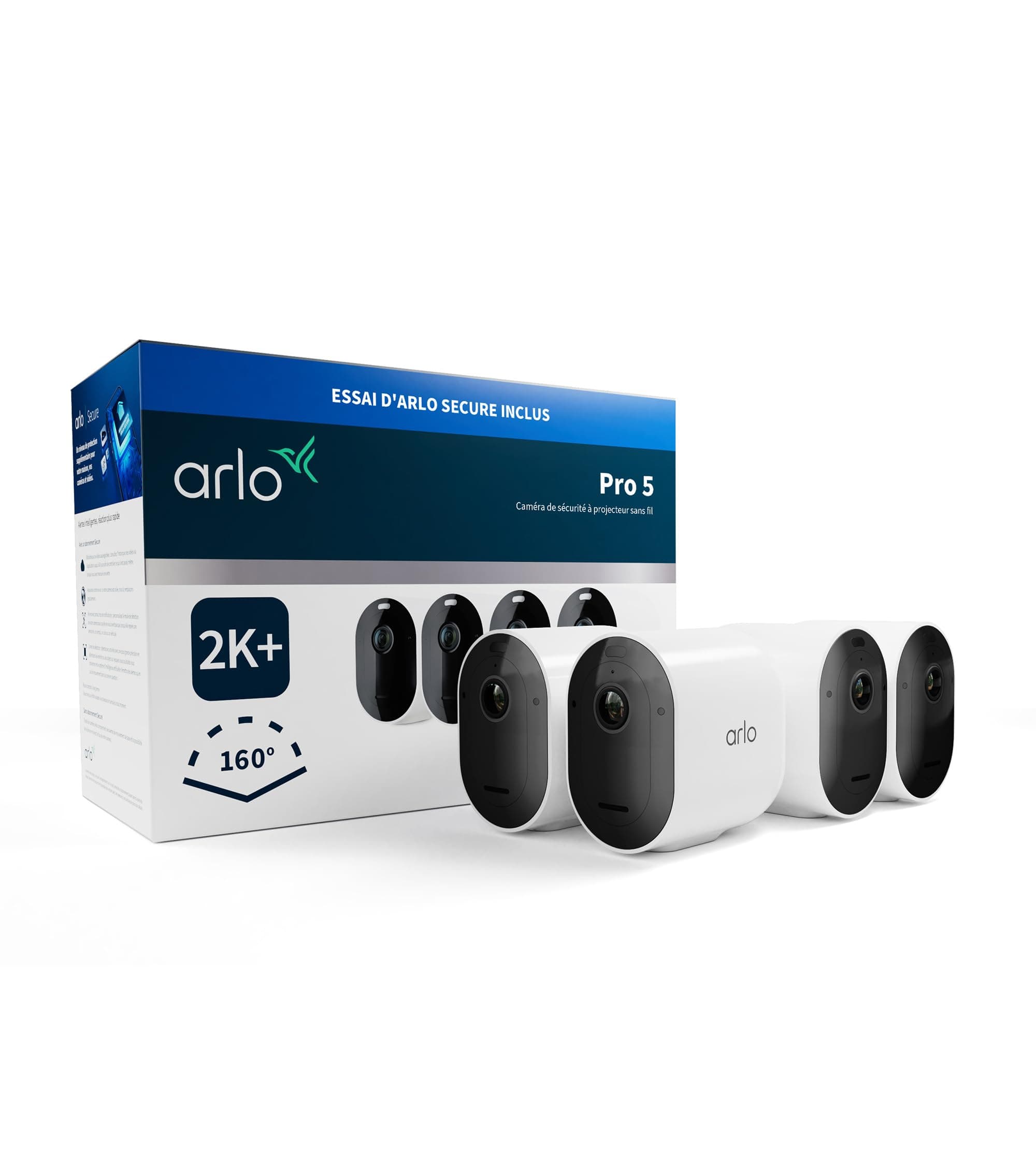 ARLO Pro 5 2K, Caméra de Surveillance WiFi Extérieure sans Fil, Détection par IA, Vision Nocturne Couleur, Audio bidirectionnel, Compatible avec Alexa, Essai Secure Inclus, 4 Caméras