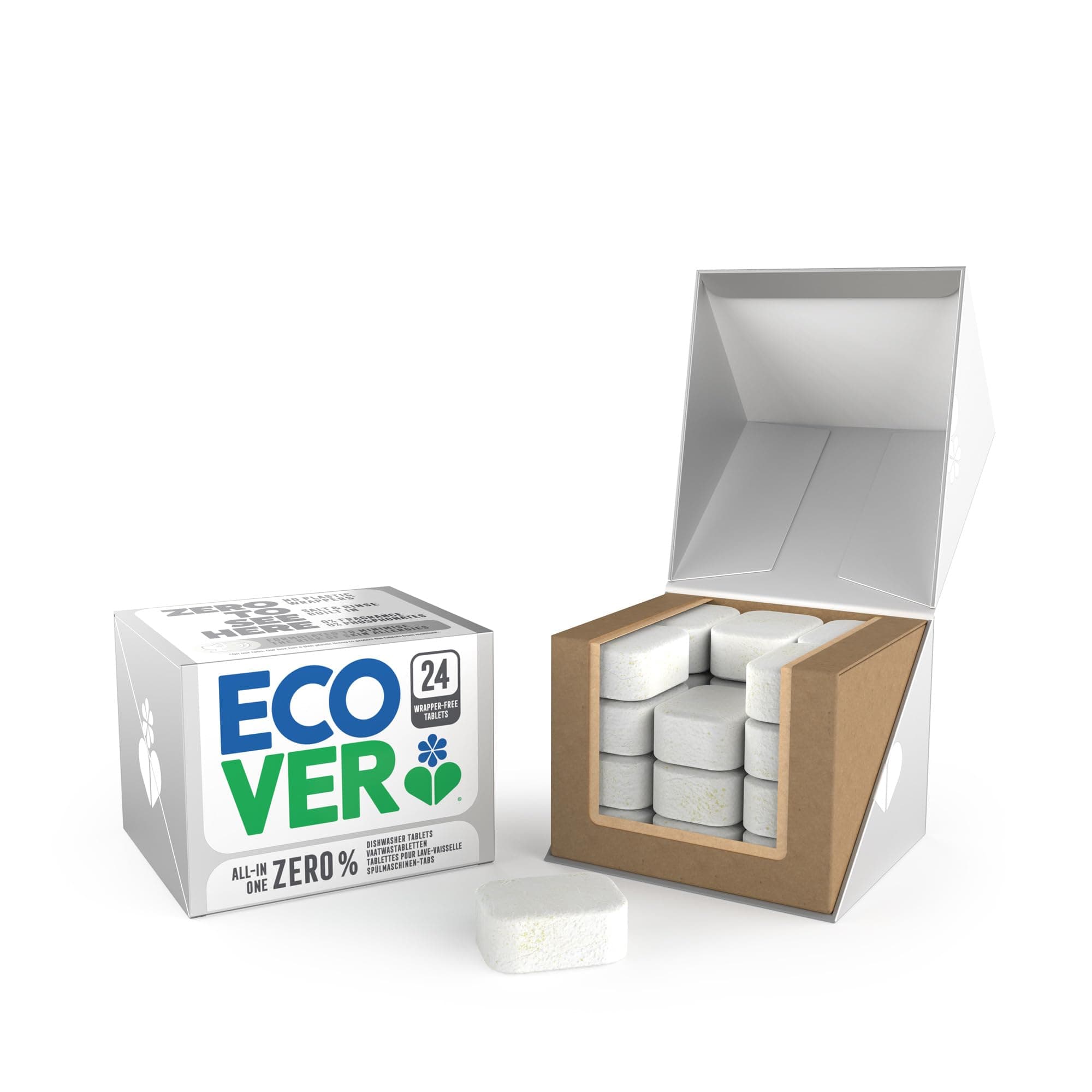 Ecover Zero Tablettes Lave-vaisselle Tout-en -1, Nettoyage Efficace, Dégraisse, Fait Briller, 1 Paquet de 24 Tablettes