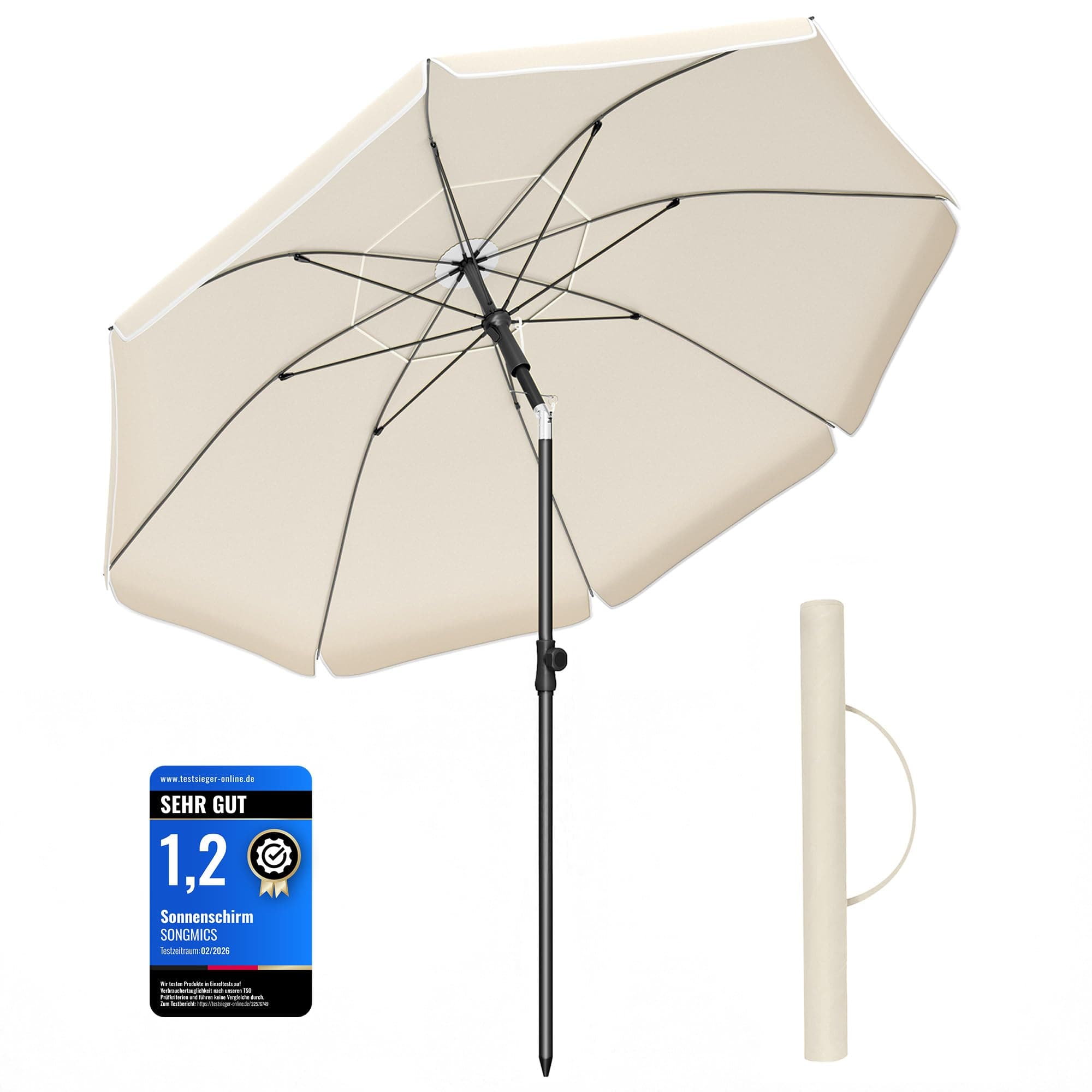 SONGMICS Sonnenschirm 180 cm, Sonnenschutz UPF 50+, Strandschirm, beidseitig um 30° knickbar, höhenverstellbar, mit Tragetasche, für Balkon Garten Terrasse Strand, ohne Ständer, beige GPU062LZ01