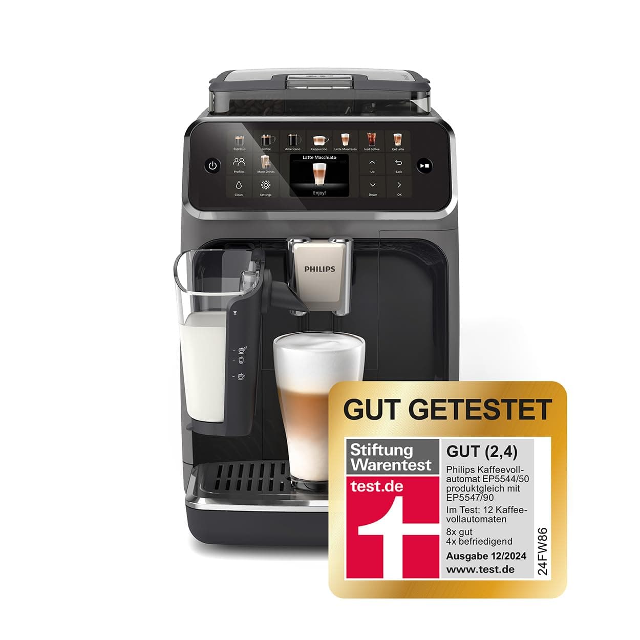 PHILIPS Serie 5500 Kaffeevollautomat – LatteGo Milchsystem, 20 heiße und kalte Kaffeespezialitäten, 40% leiser mit SilentBrew, QuickStart, Schwarz/Grau (EP5544/50)