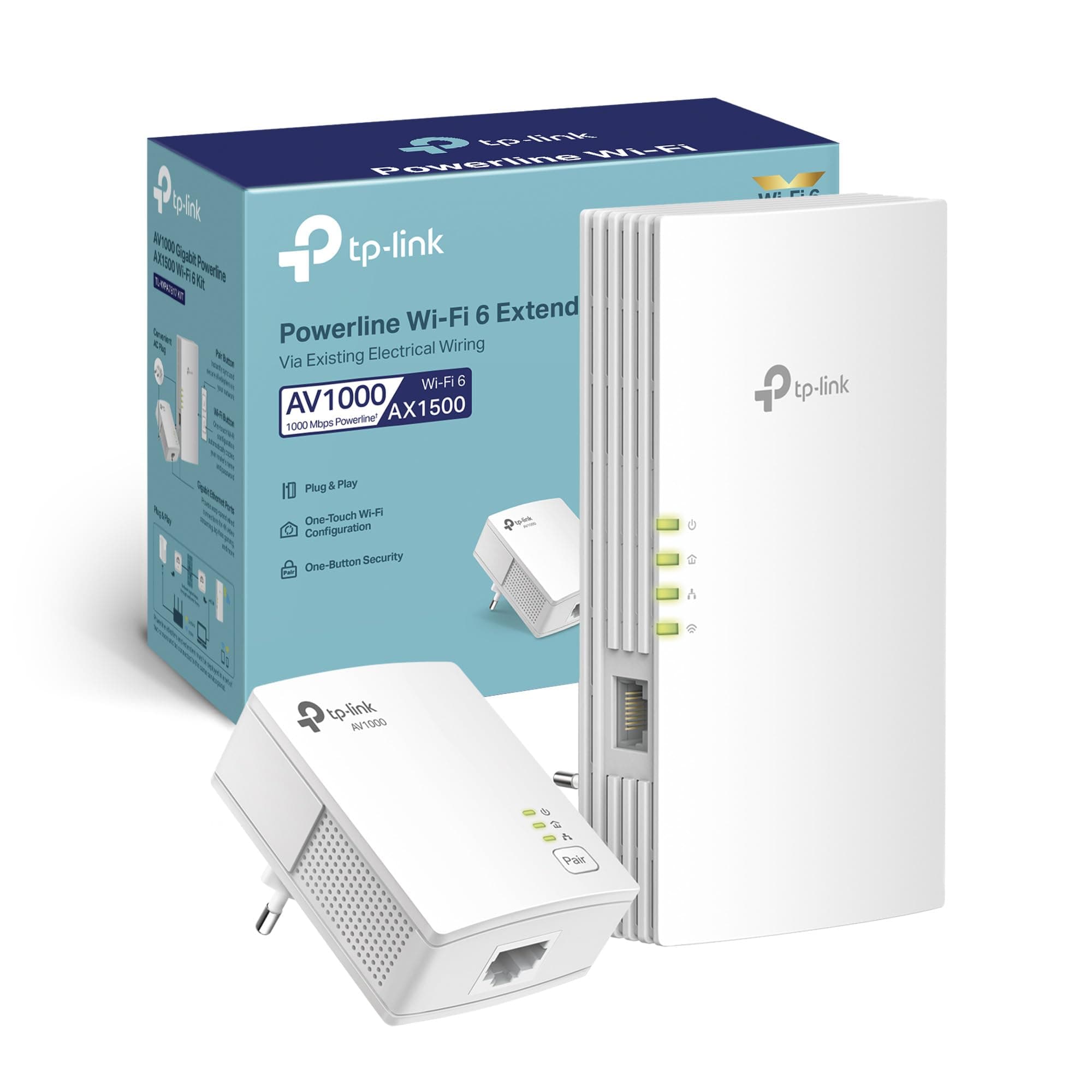 TP-Link TL-WPA7817 KIT Powerline, AV1000Mbps e AX1500Mbps su WiFi 6 Dual Band, Senza Presa, Homeplug AV2, Plug & Play, Porta Gigabit Ethernet, Auto-Sync, EasyMesh, Compatibile con tutti i Router