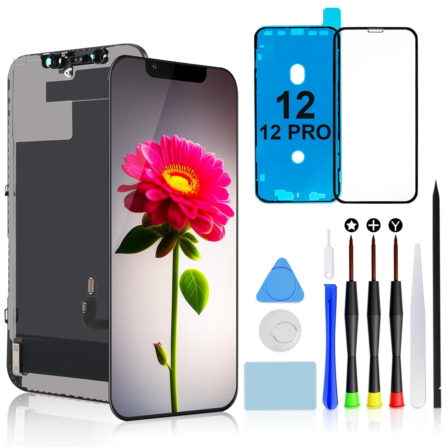 Brinonac Display LCD per iPhone 12/12 PRO, 6,1" Schermo Full HD 3D Touch Sostituzione Digitizer con Kit di Riparazione e Protezione in Vetro Temperato