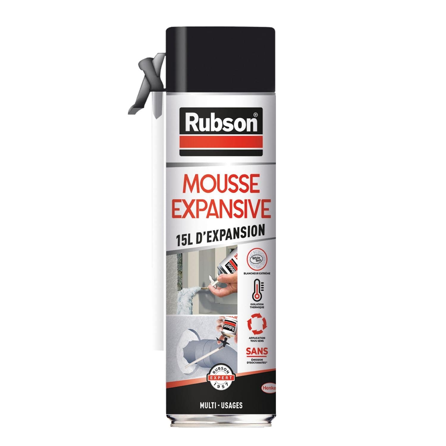 Rubson - Mousse Expansive Multi-Usages (aérosol de 345 ml) Blanche – Mousse polyuréthane pour isolation, calage et rebouchage – 15 litres d'expansion